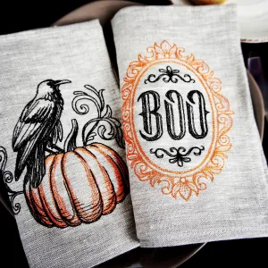 #073 | Halloween pumpkin with crow and BOO frame | Linen napkins