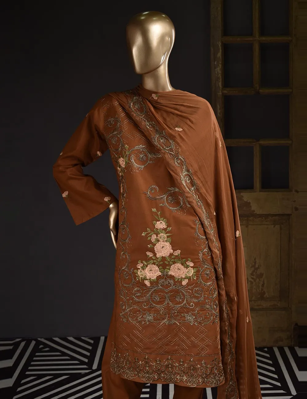 3 Pc Unstitched Embroidered Lawn Dress with Chiffon Embroidered Dupatta - Estonia (ZEB-5A)
