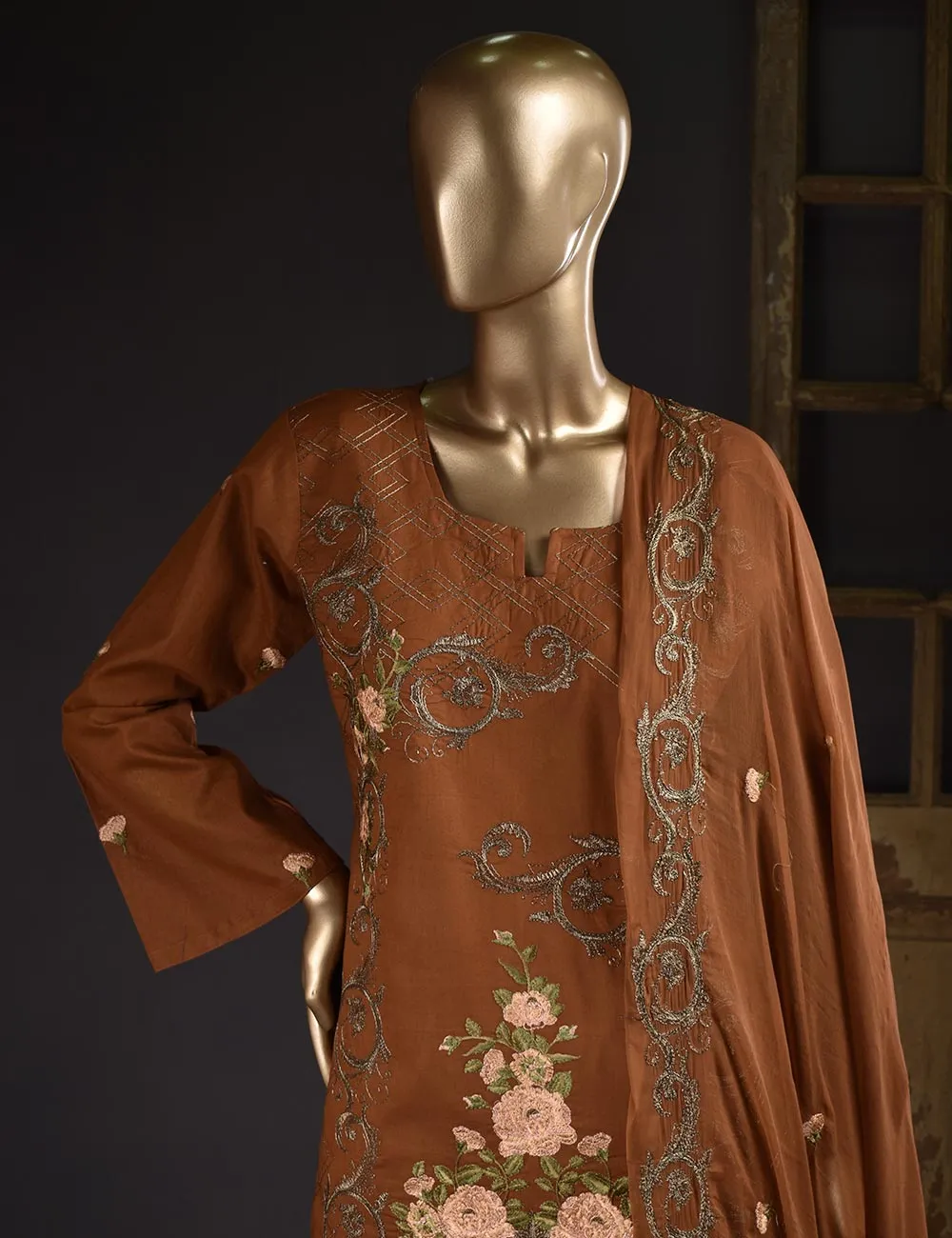 3 Pc Unstitched Embroidered Lawn Dress with Chiffon Embroidered Dupatta - Estonia (ZEB-5A)