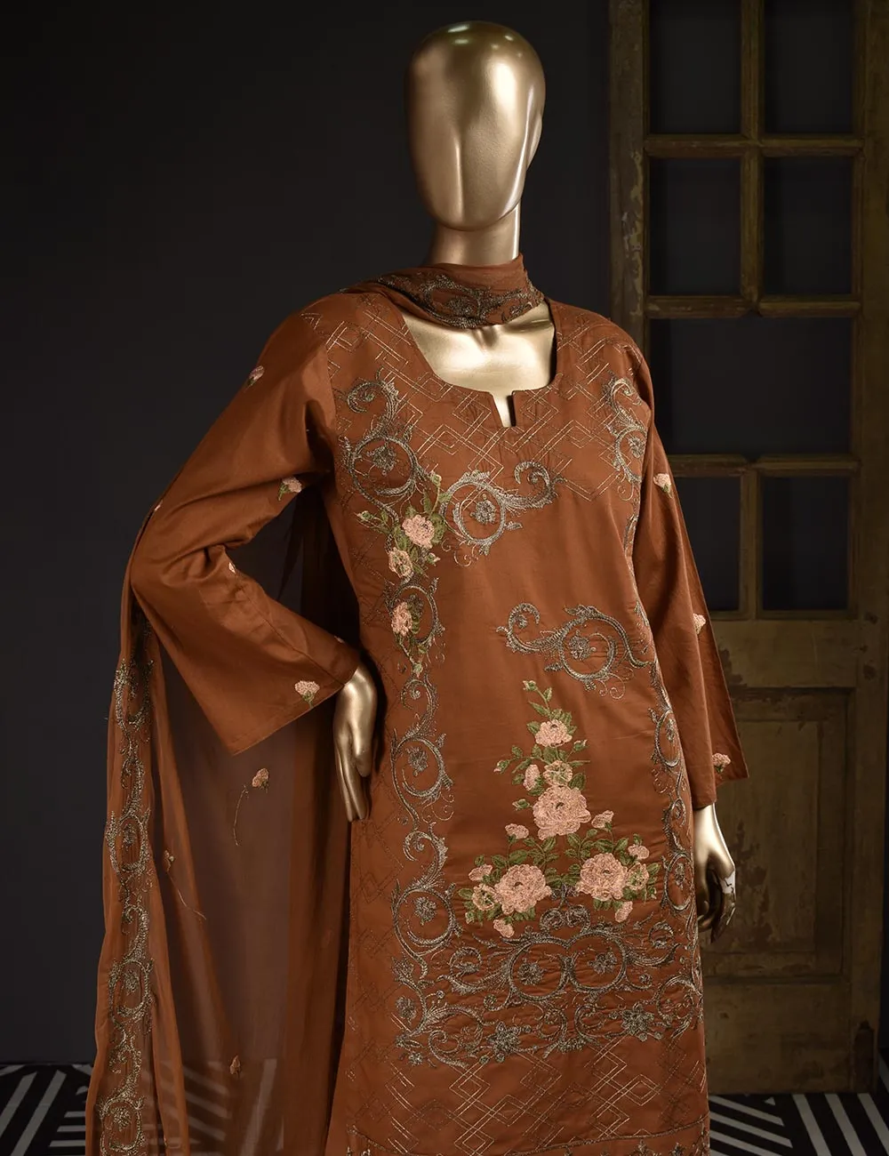 3 Pc Unstitched Embroidered Lawn Dress with Chiffon Embroidered Dupatta - Estonia (ZEB-5A)
