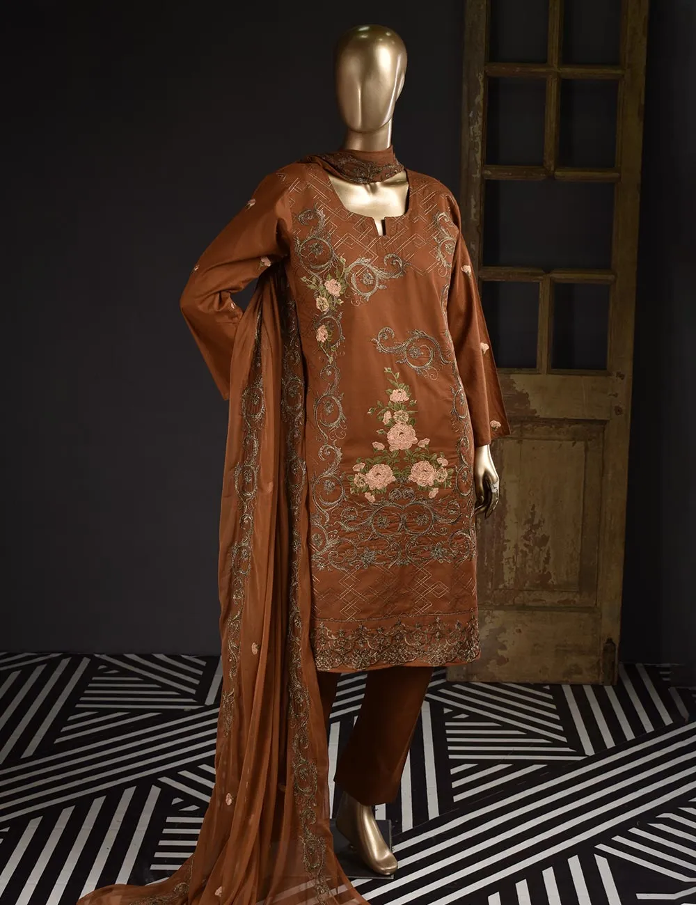 3 Pc Unstitched Embroidered Lawn Dress with Chiffon Embroidered Dupatta - Estonia (ZEB-5A)