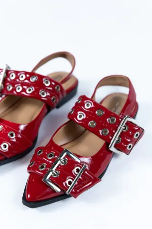 Addison Red Leather Buckle Slingback Flats FINAL SALE