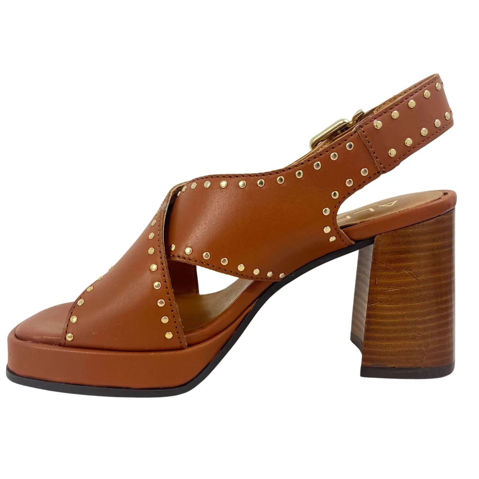 Alpe Cognac Leather Block Heel Studded Sandals
