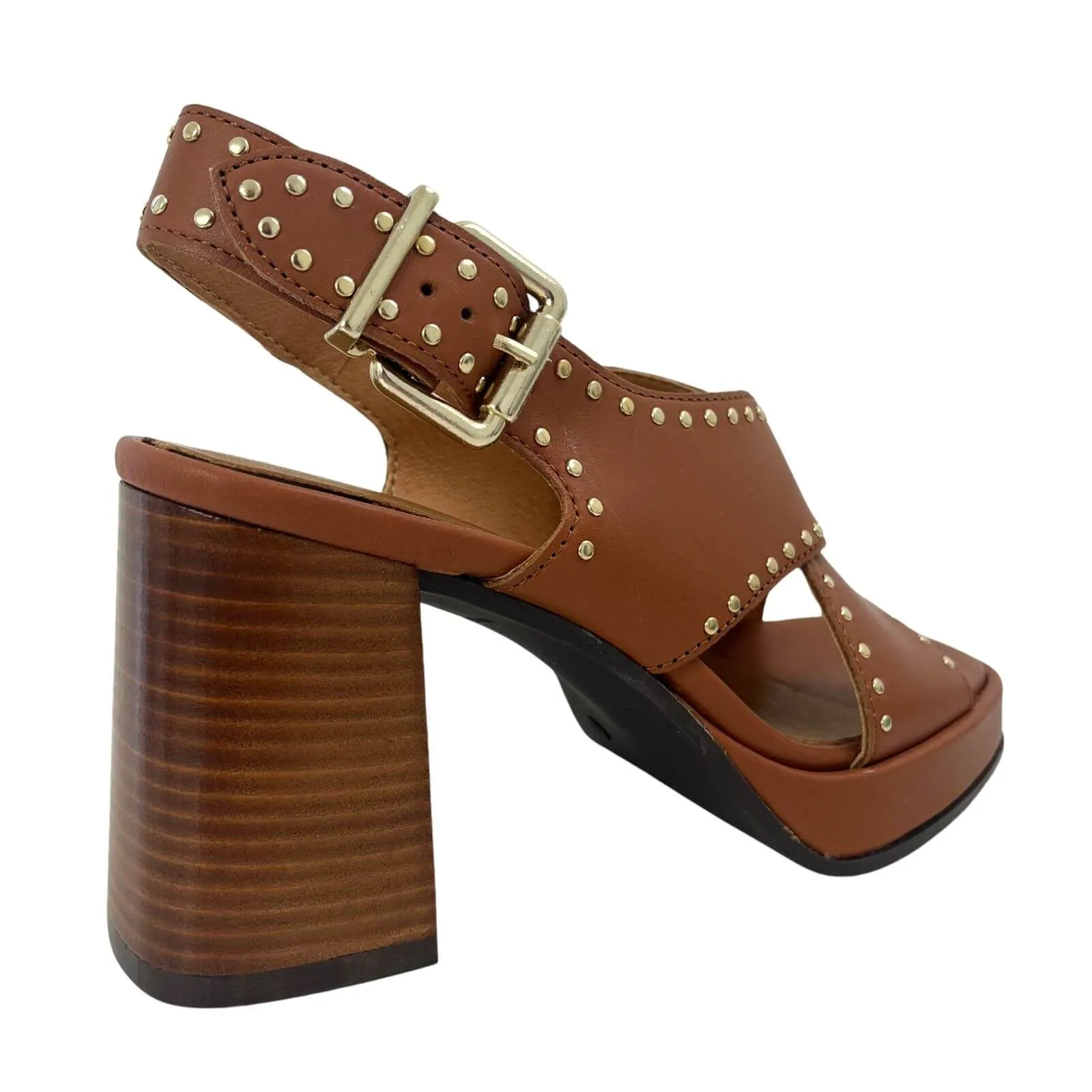 Alpe Cognac Leather Block Heel Studded Sandals