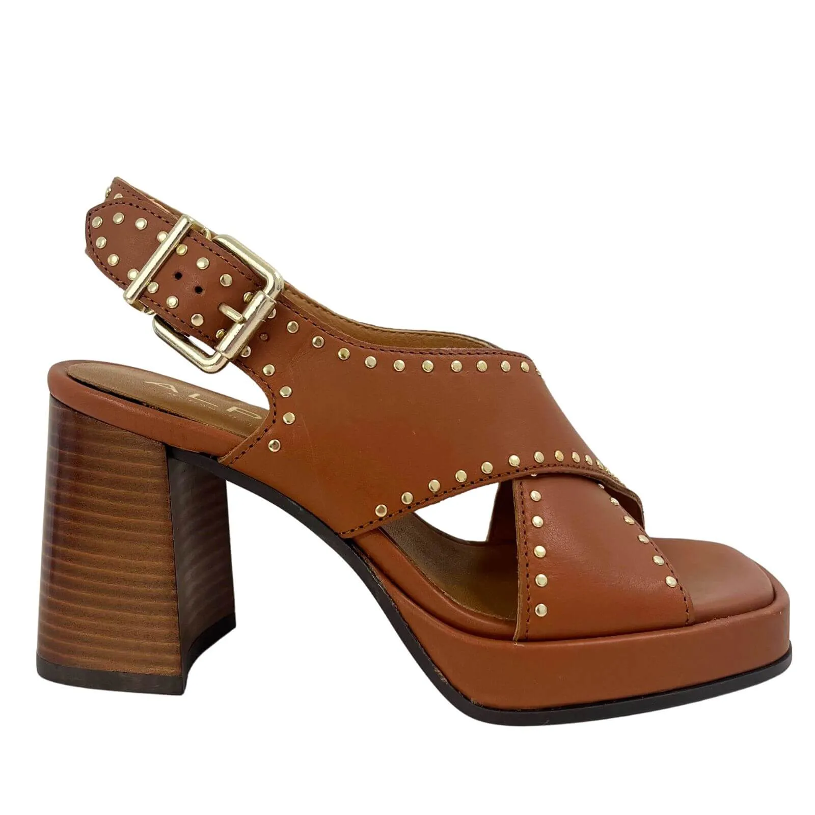 Alpe Cognac Leather Block Heel Studded Sandals