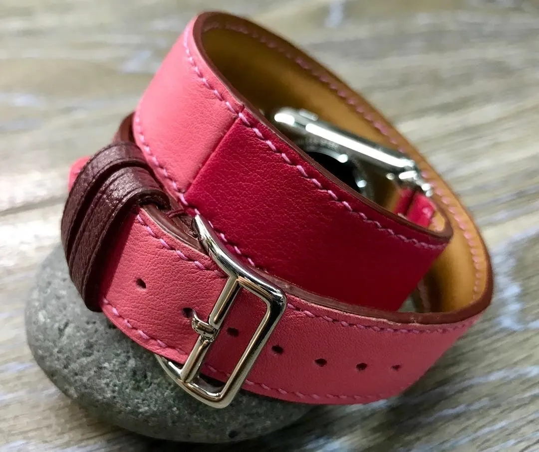 Apple Watch 41mm 42mm Watch Band, Bordeaux / Rose Extréme / Rose Azalée, Double Tour, Apple Watch Straps, Personalise Leather Watch Band