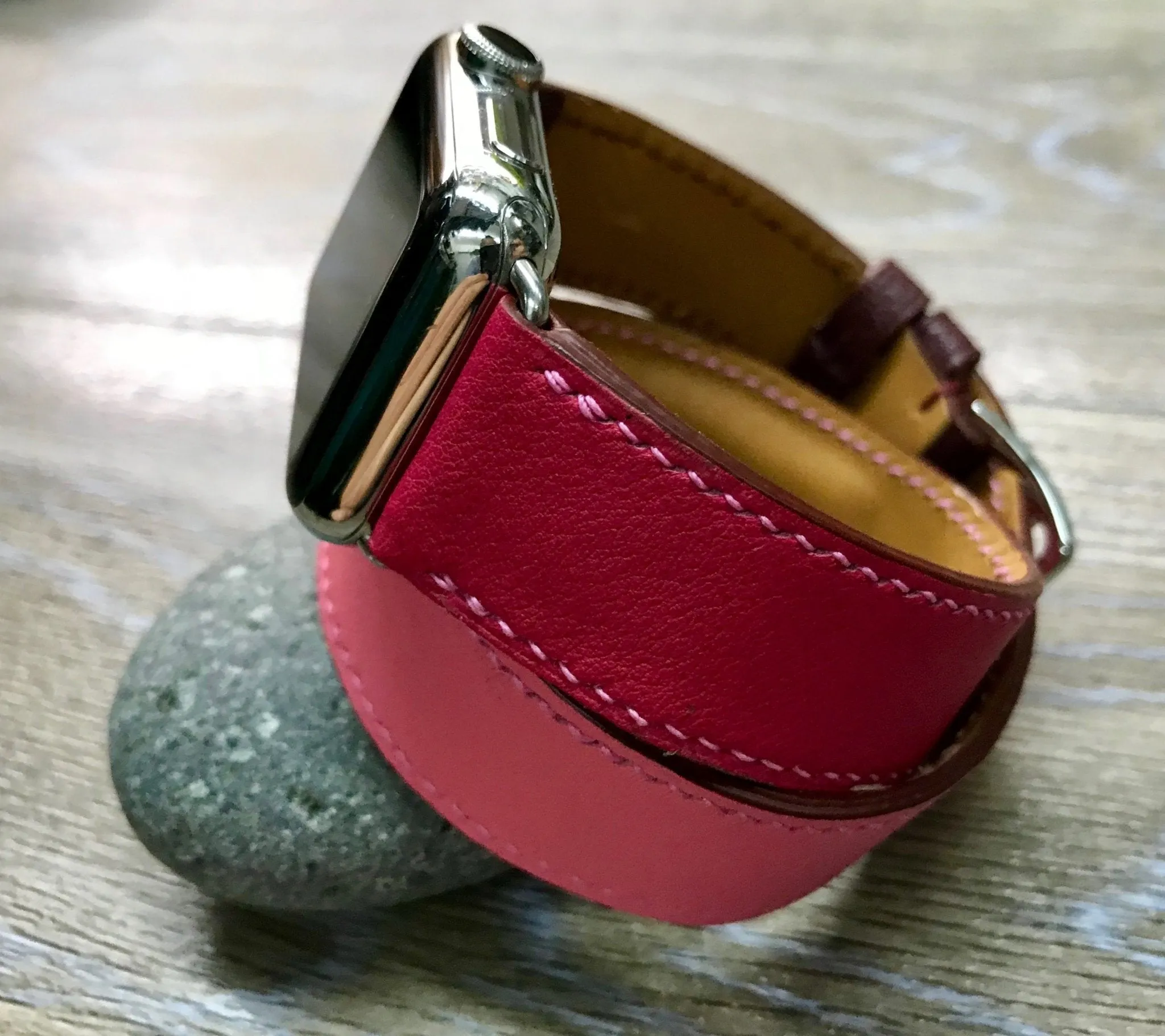 Apple Watch 41mm 42mm Watch Band, Bordeaux / Rose Extréme / Rose Azalée, Double Tour, Apple Watch Straps, Personalise Leather Watch Band