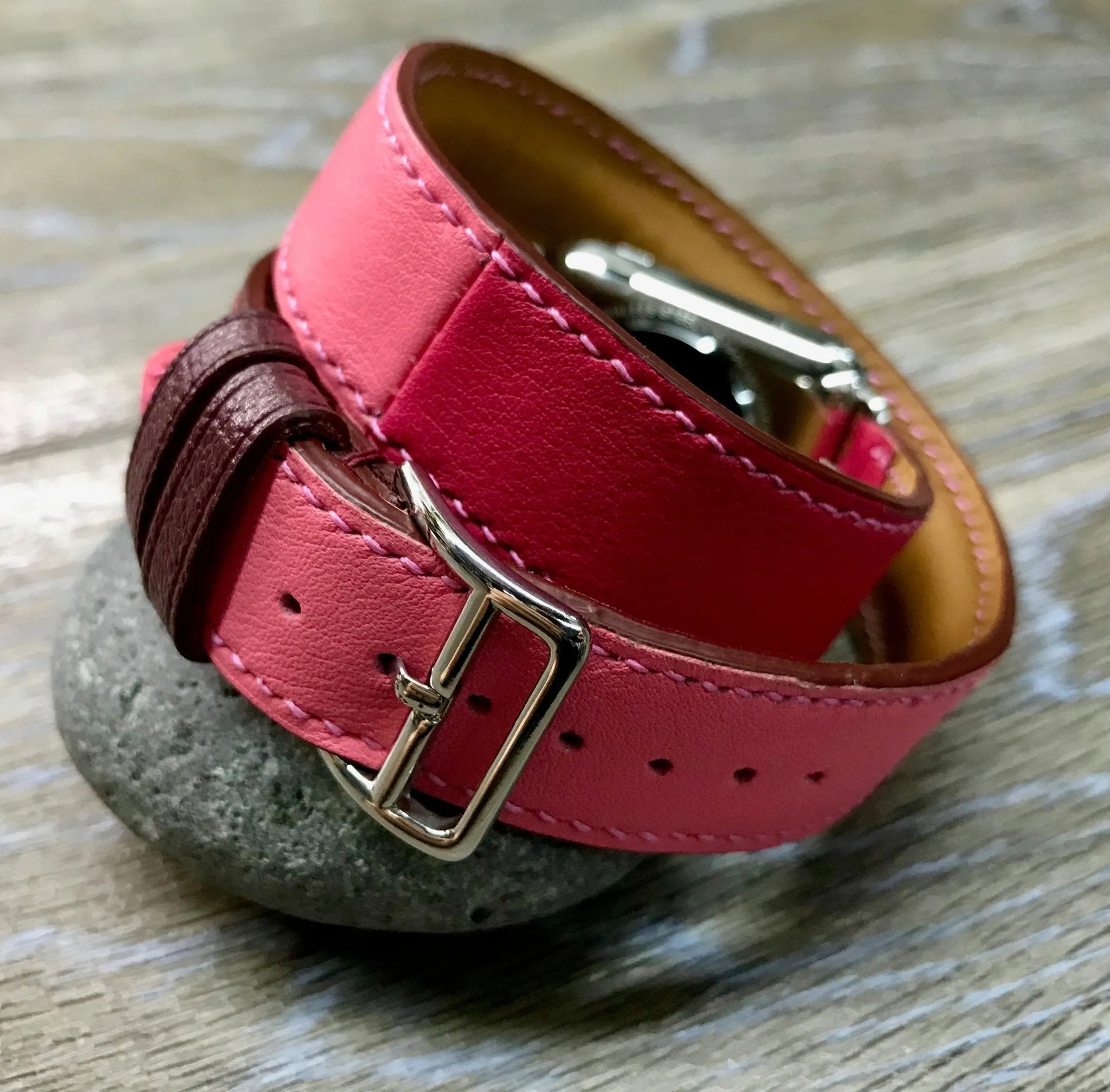 Apple Watch 41mm 42mm Watch Band, Bordeaux / Rose Extréme / Rose Azalée, Double Tour, Apple Watch Straps, Personalise Leather Watch Band