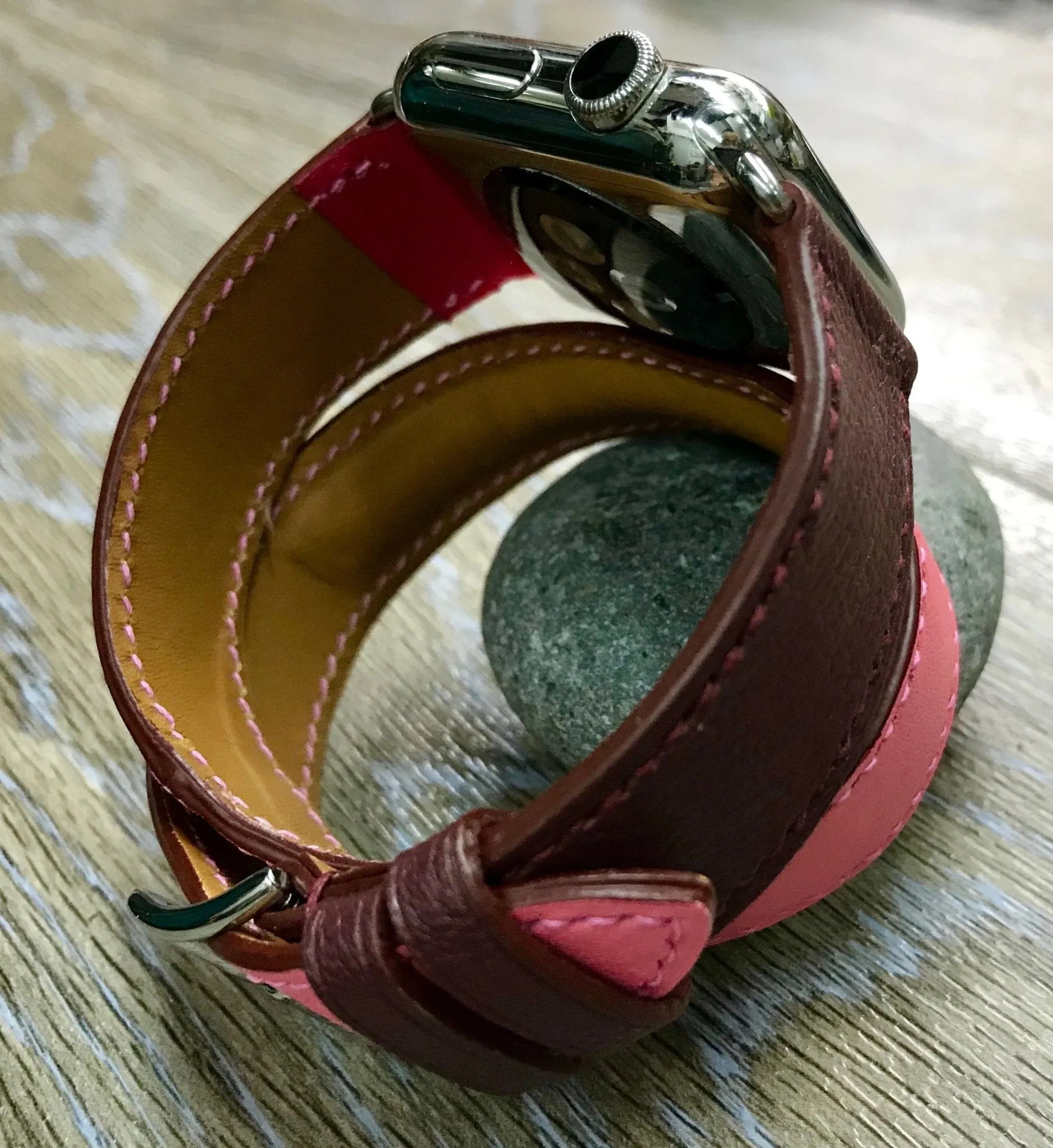 Apple Watch 41mm 42mm Watch Band, Bordeaux / Rose Extréme / Rose Azalée, Double Tour, Apple Watch Straps, Personalise Leather Watch Band