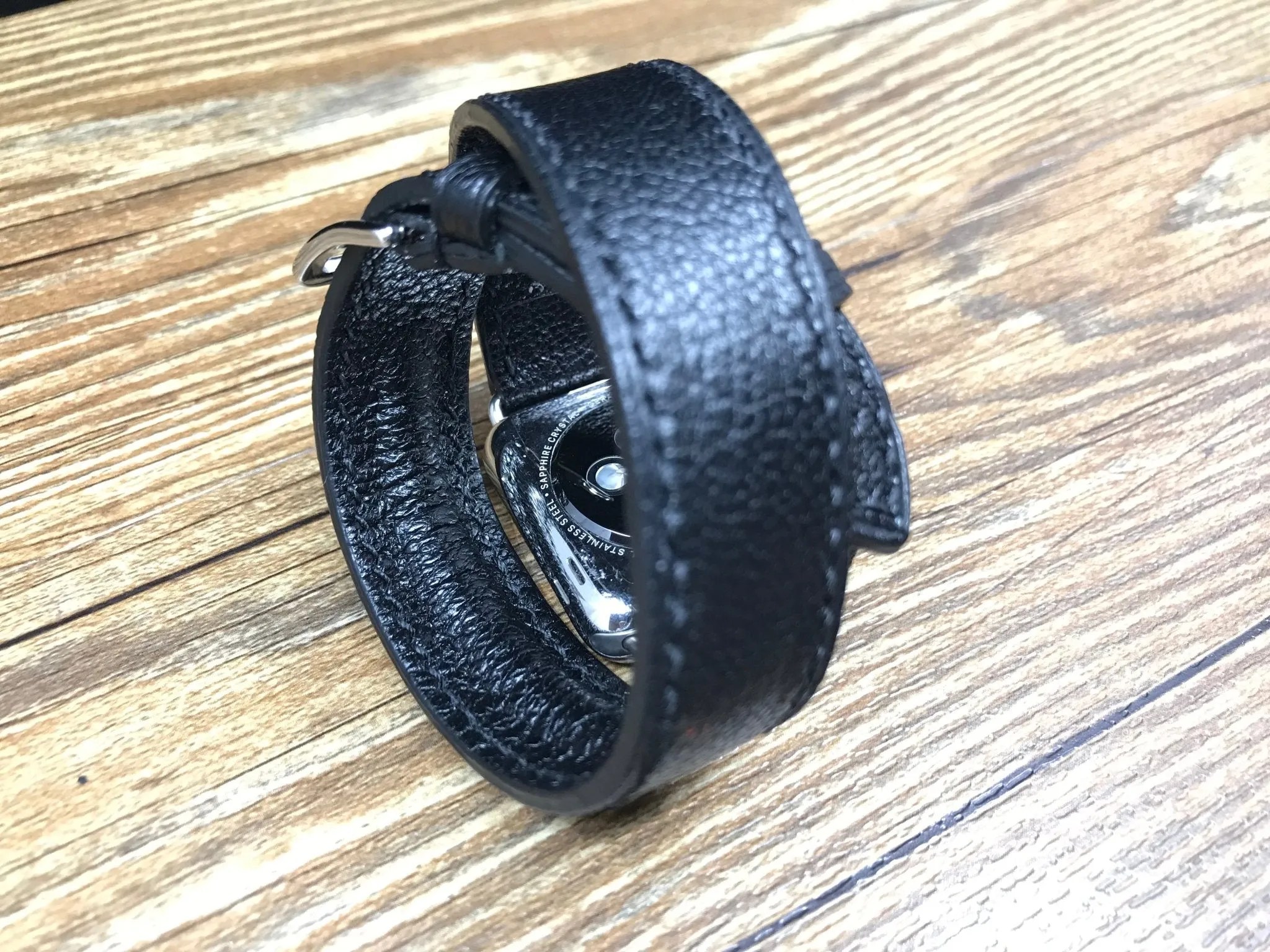 Apple Watch Band for Series 7, Apple Watch 44mm 40mm, Apple Watch Series 5, Black Togo Leather, Double Tour Series 6, Personalise Gift Ideas