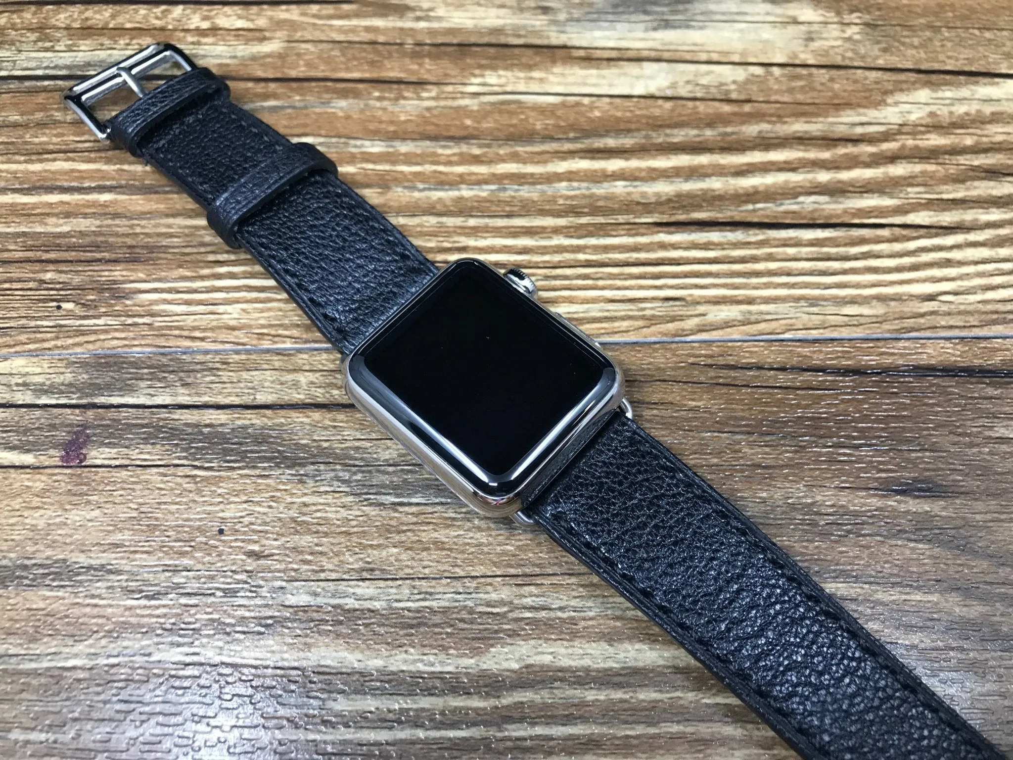 Apple Watch Band for Series 7, Apple Watch 44mm 40mm, Apple Watch Series 5, Black Togo Leather, Double Tour Series 6, Personalise Gift Ideas