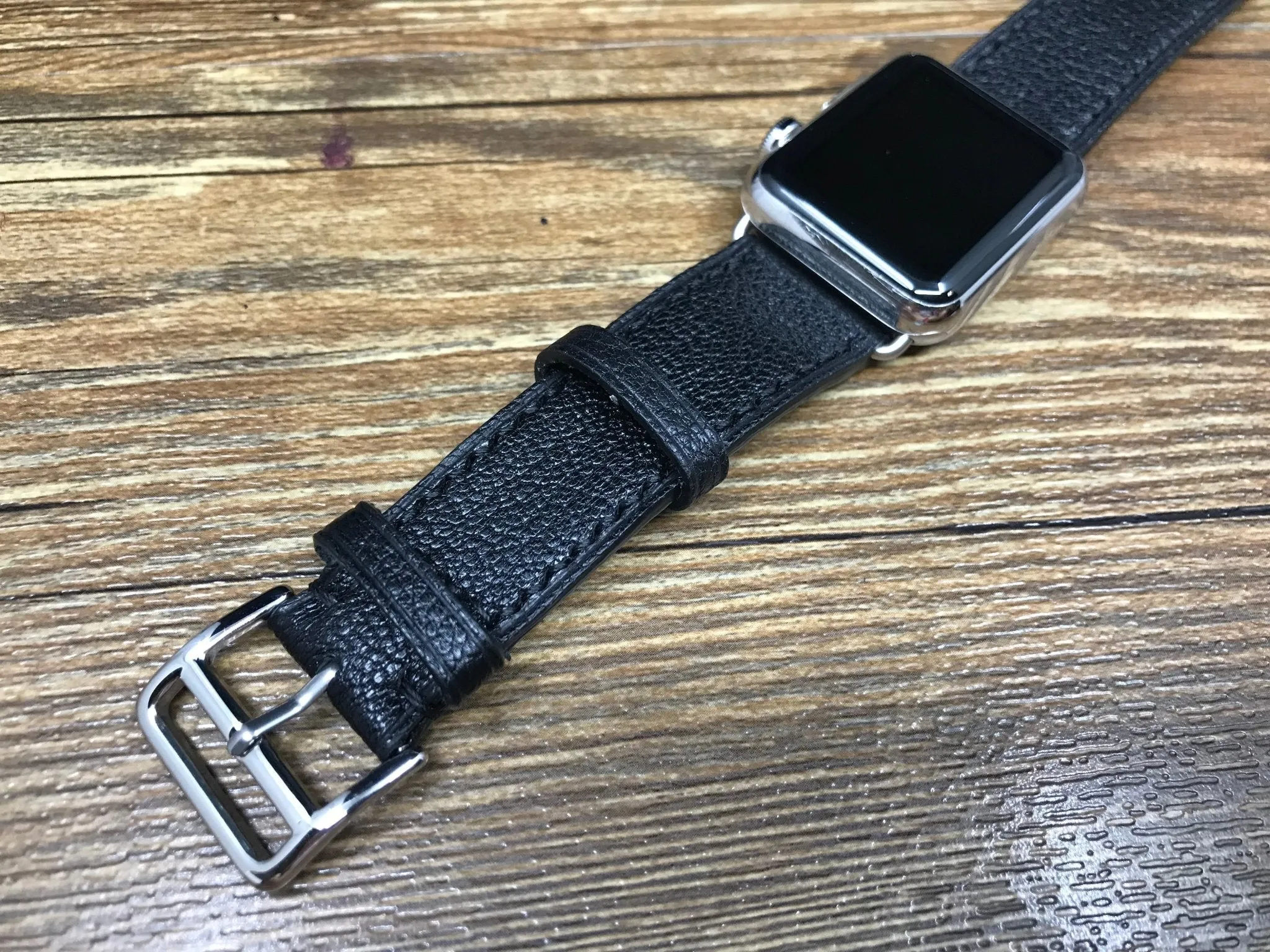 Apple Watch Band for Series 7, Apple Watch 44mm 40mm, Apple Watch Series 5, Black Togo Leather, Double Tour Series 6, Personalise Gift Ideas