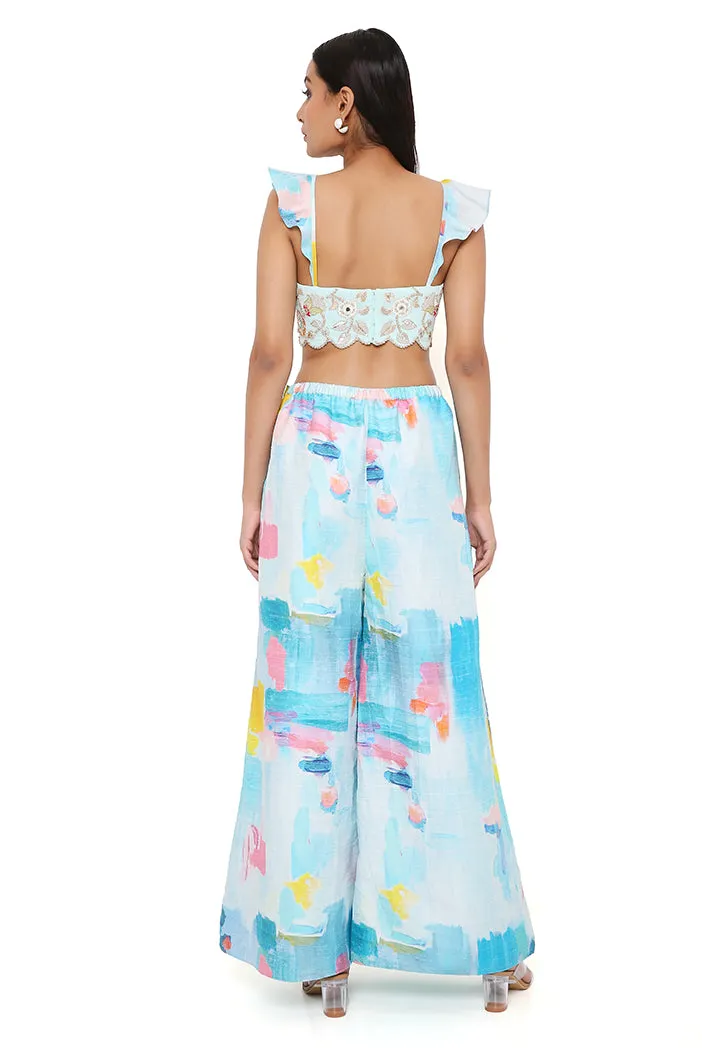 AQUA GEORGETTE EMBROIDERED BUSTIER WITH PAINTERLY DUPION SILK PRINTED EMBROIDERED PALAZZO