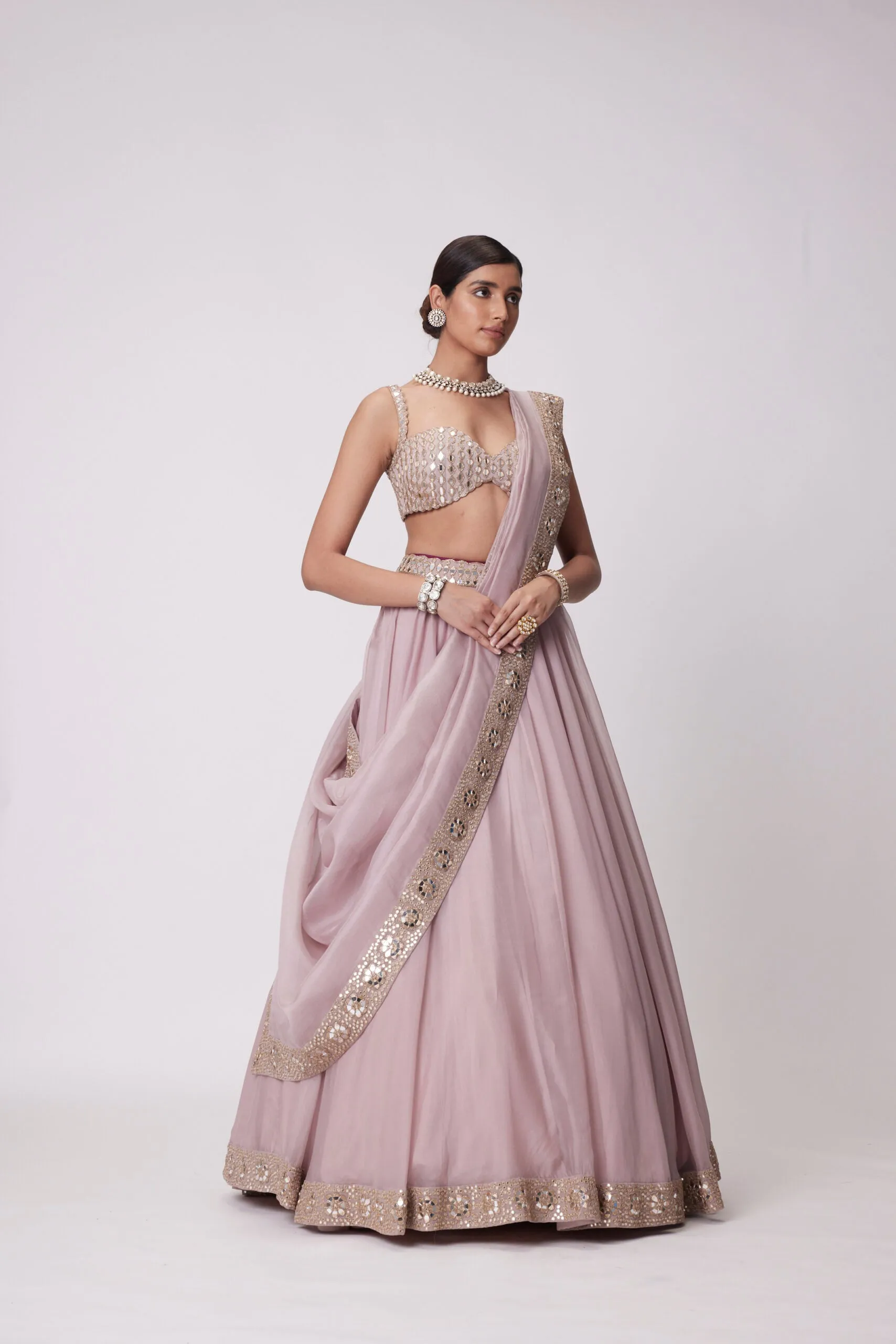 Ash Pink mirror Hand Embroidered Lehenga Set
