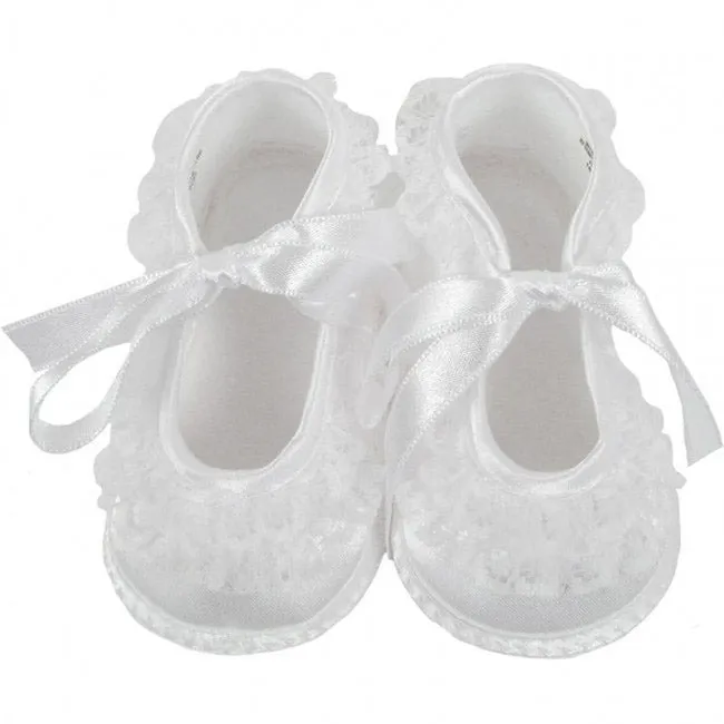 Baby Deer White Satin Lace Frilly Booties Crib Shoes Girls Preemie & Newborn Size 00 & 0