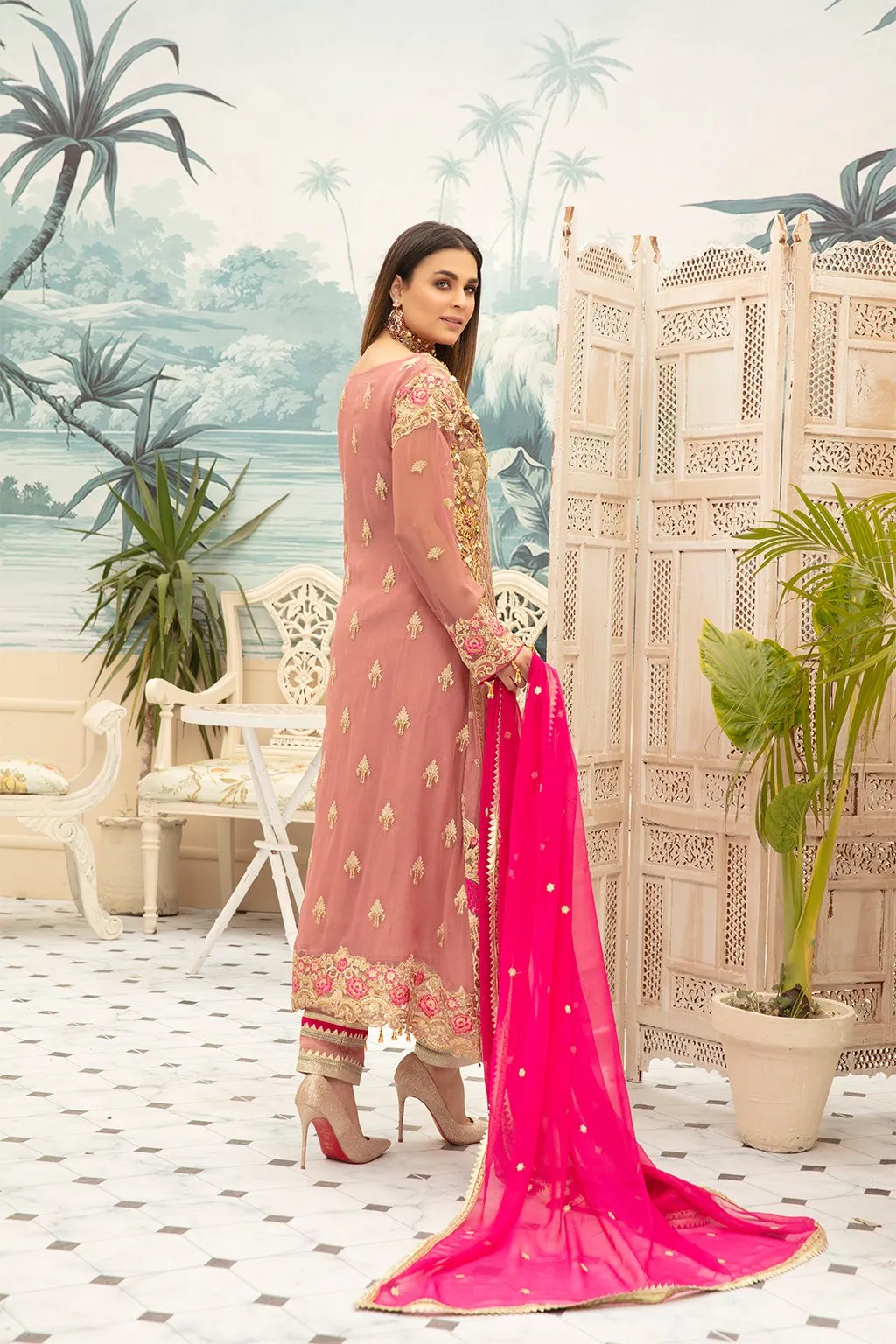 Beautiful Pakistani Formal Maxi In Tea Pink Combination # CA107