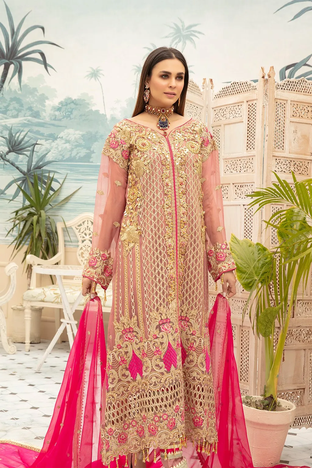 Beautiful Pakistani Formal Maxi In Tea Pink Combination # CA107