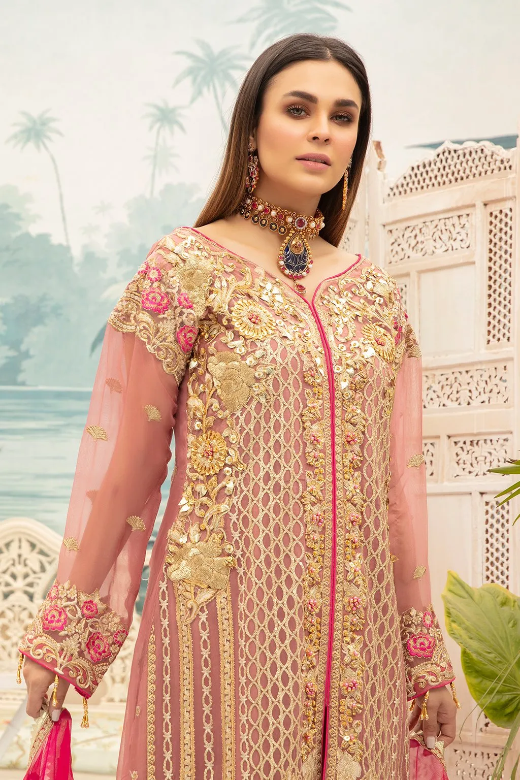 Beautiful Pakistani Formal Maxi In Tea Pink Combination # CA107