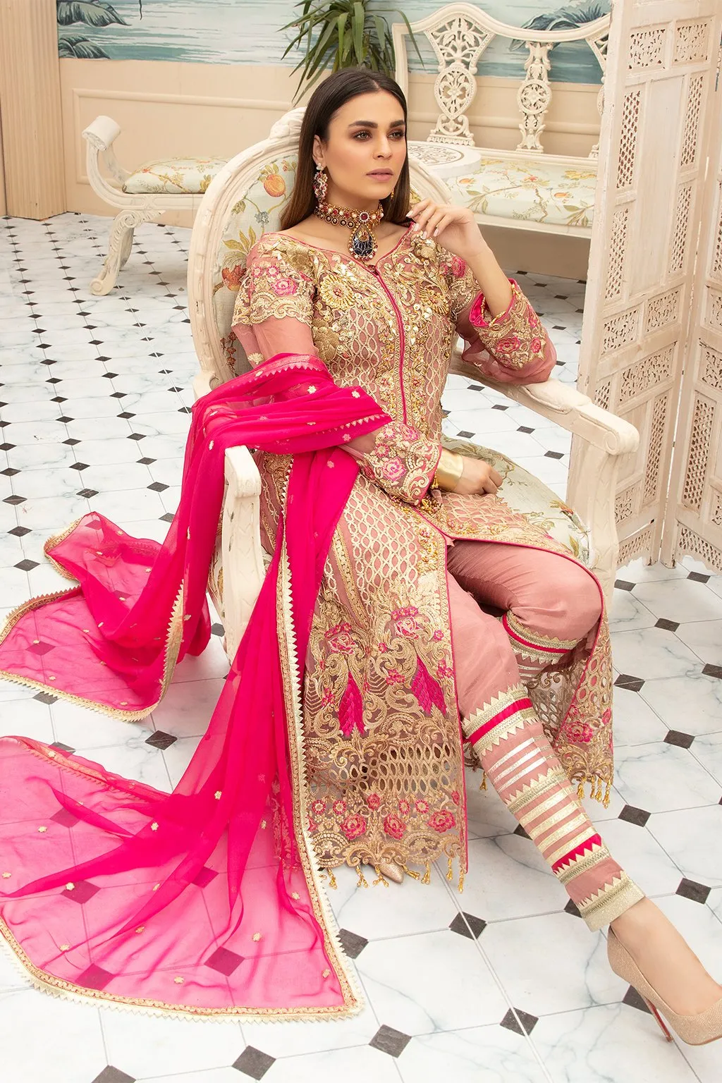 Beautiful Pakistani Formal Maxi In Tea Pink Combination # CA107