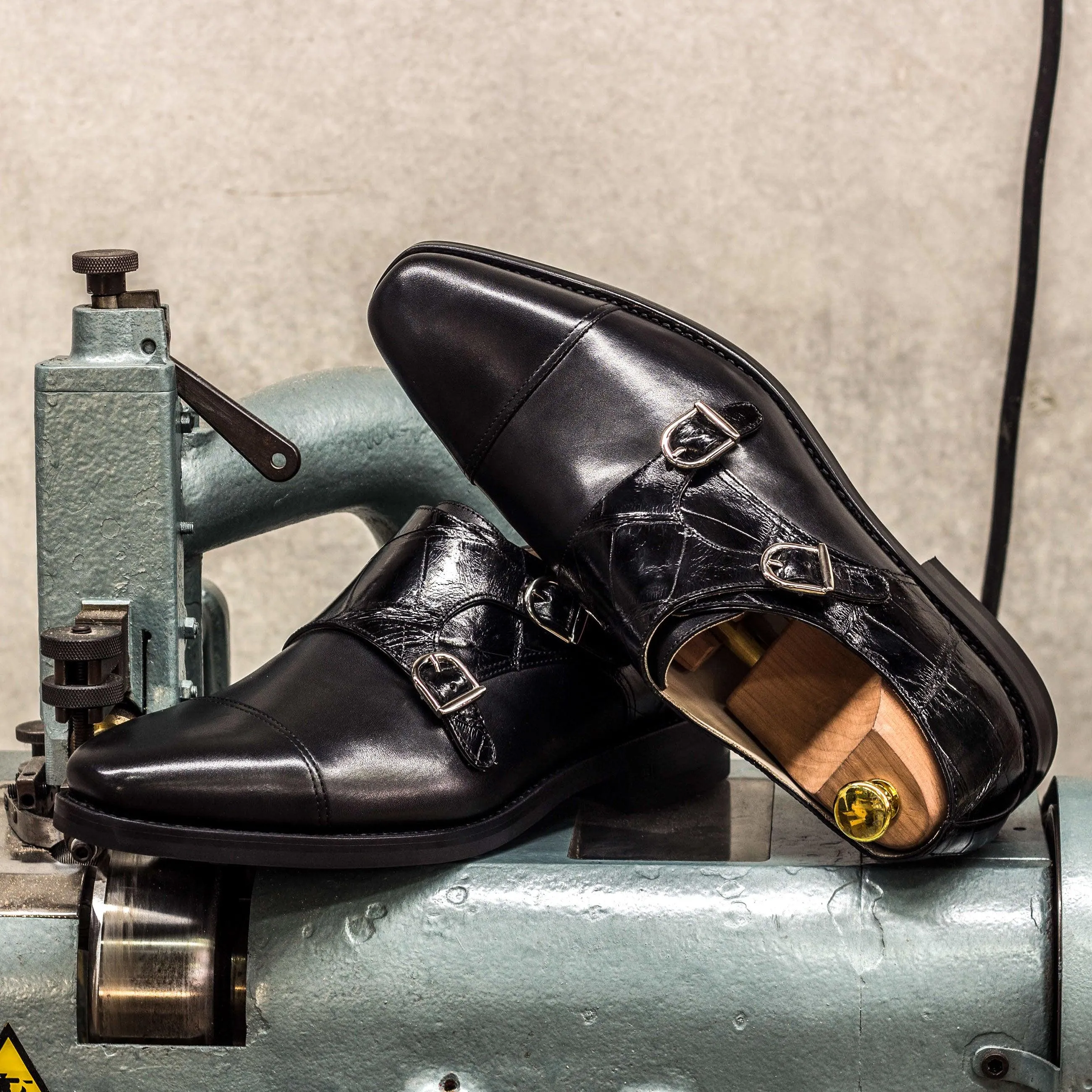Black Alligator & Calf Leather Double Monk