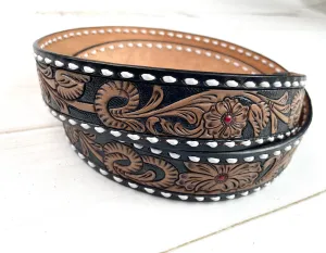 Black & Tan Leather Floral Tooled Buckstitch Handbag Strap