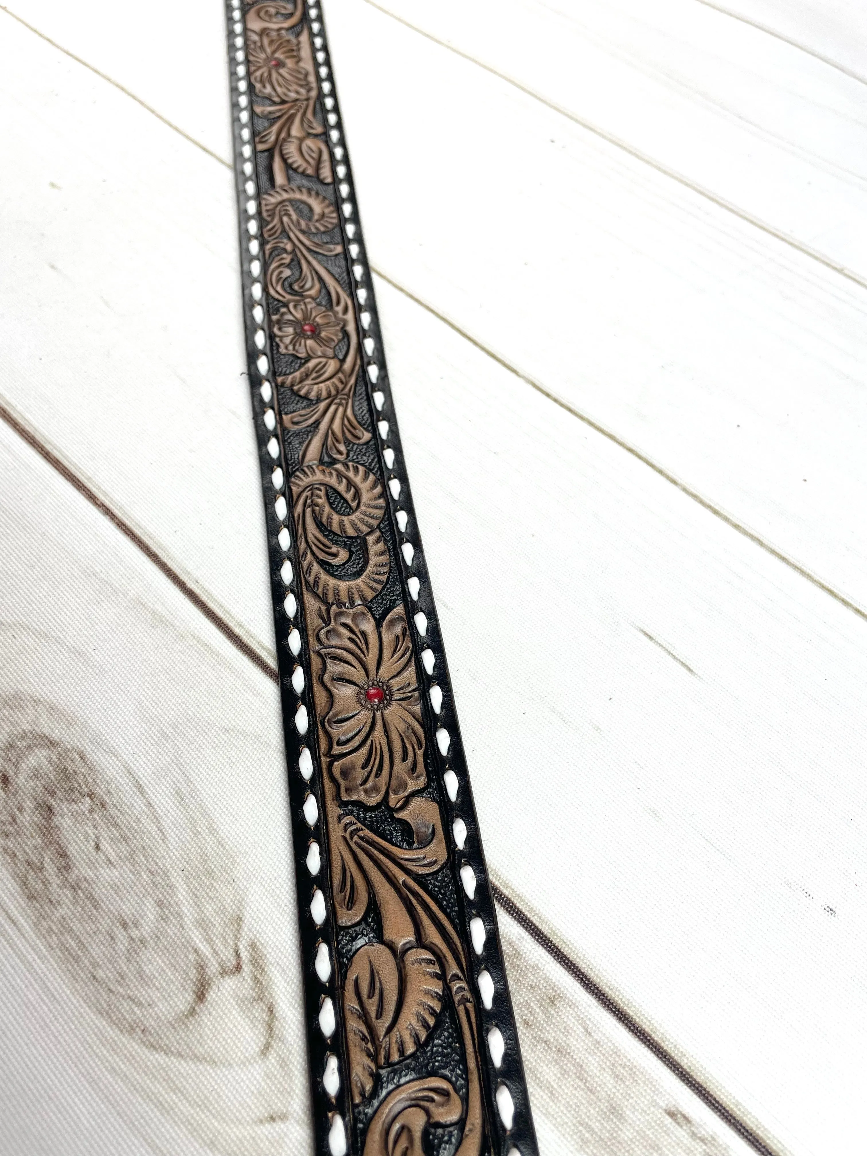 Black & Tan Leather Floral Tooled Buckstitch Handbag Strap