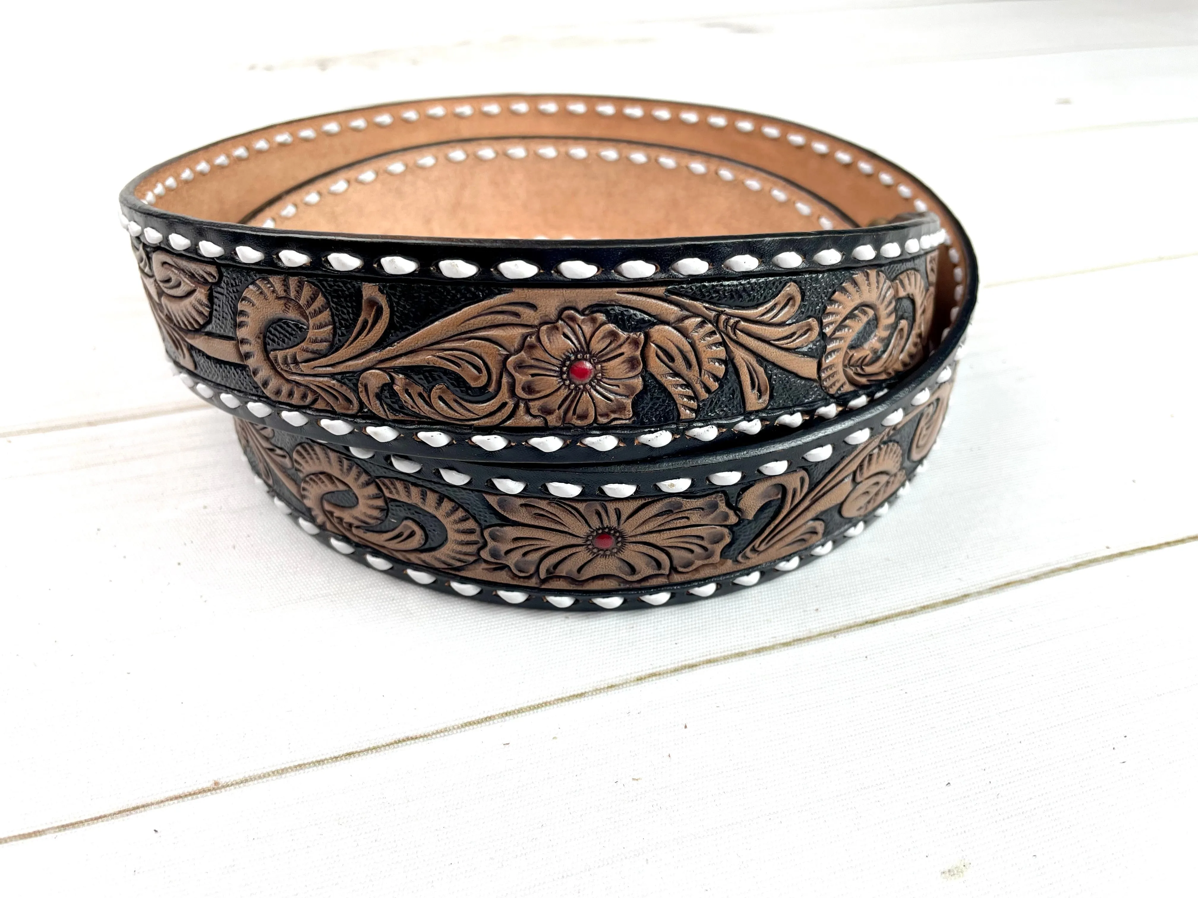 Black & Tan Leather Floral Tooled Buckstitch Handbag Strap