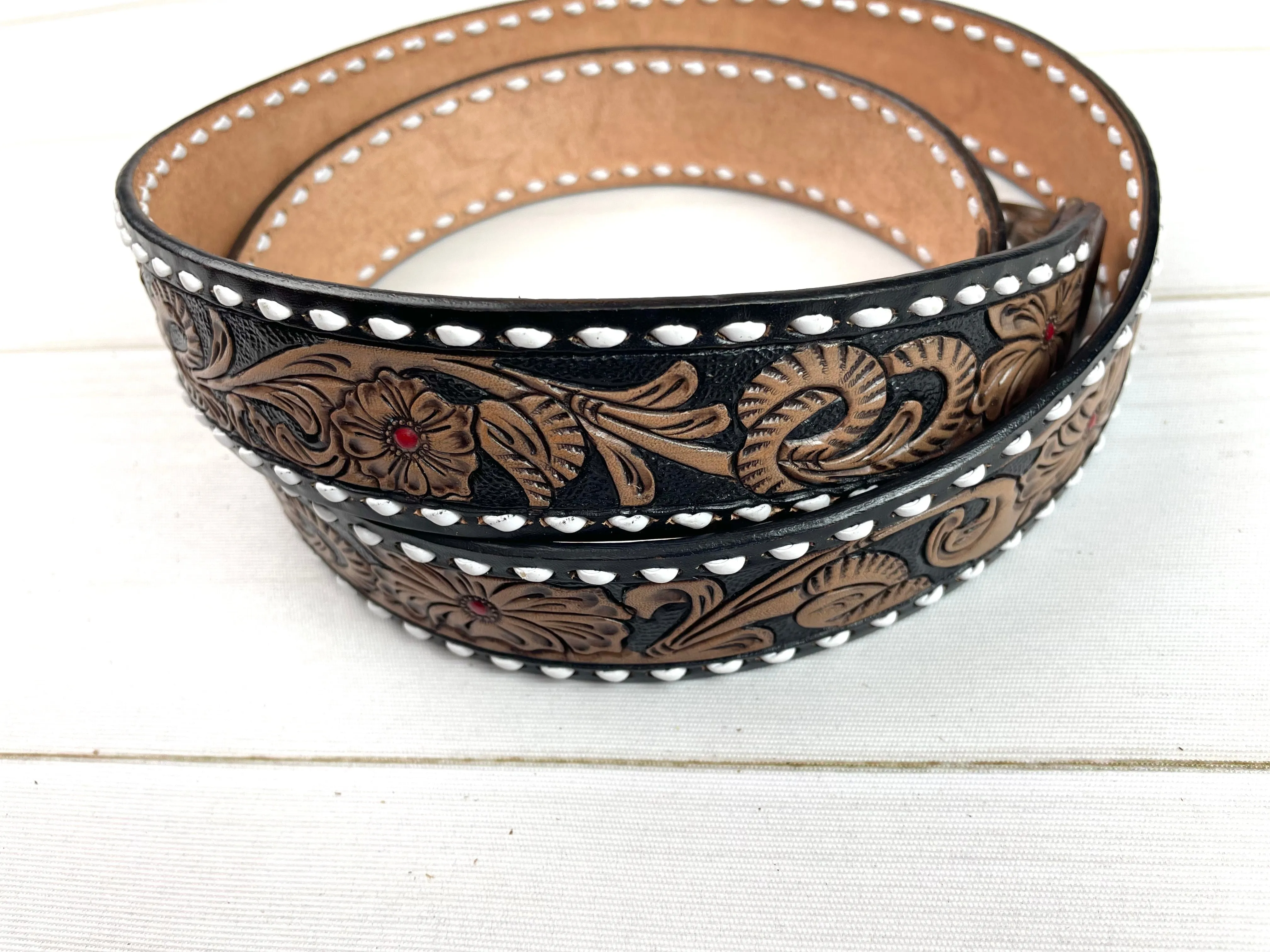 Black & Tan Leather Floral Tooled Buckstitch Handbag Strap