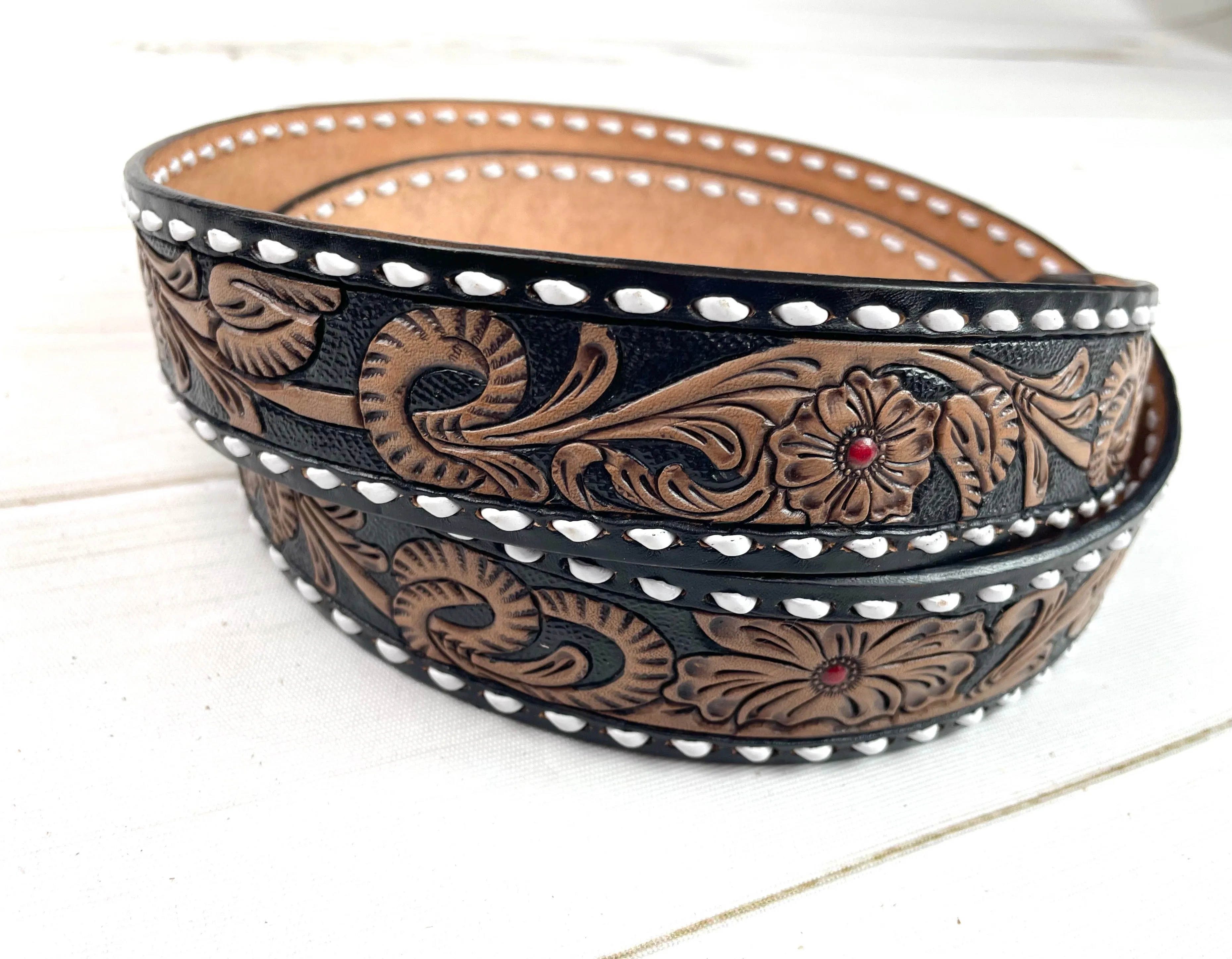 Black & Tan Leather Floral Tooled Buckstitch Handbag Strap