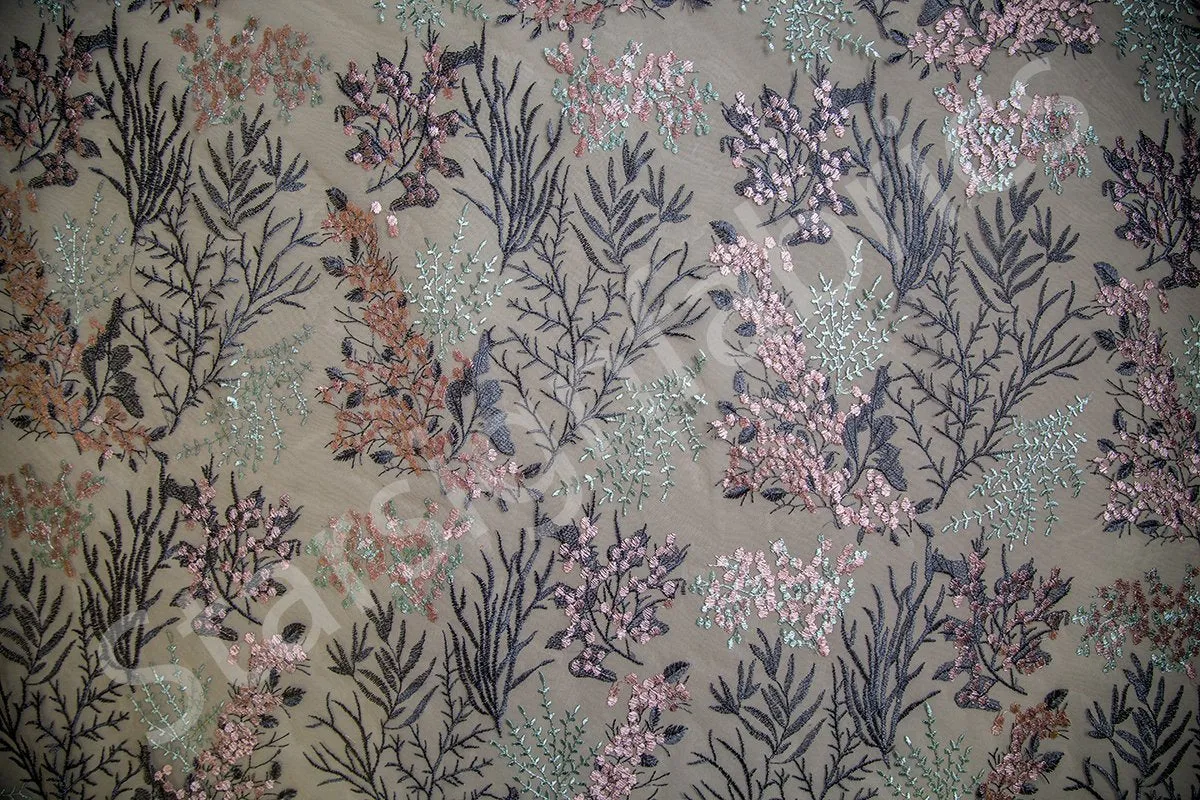 Black Rayon Thread Embroidery Fabric With Flower Pattern Queen Design