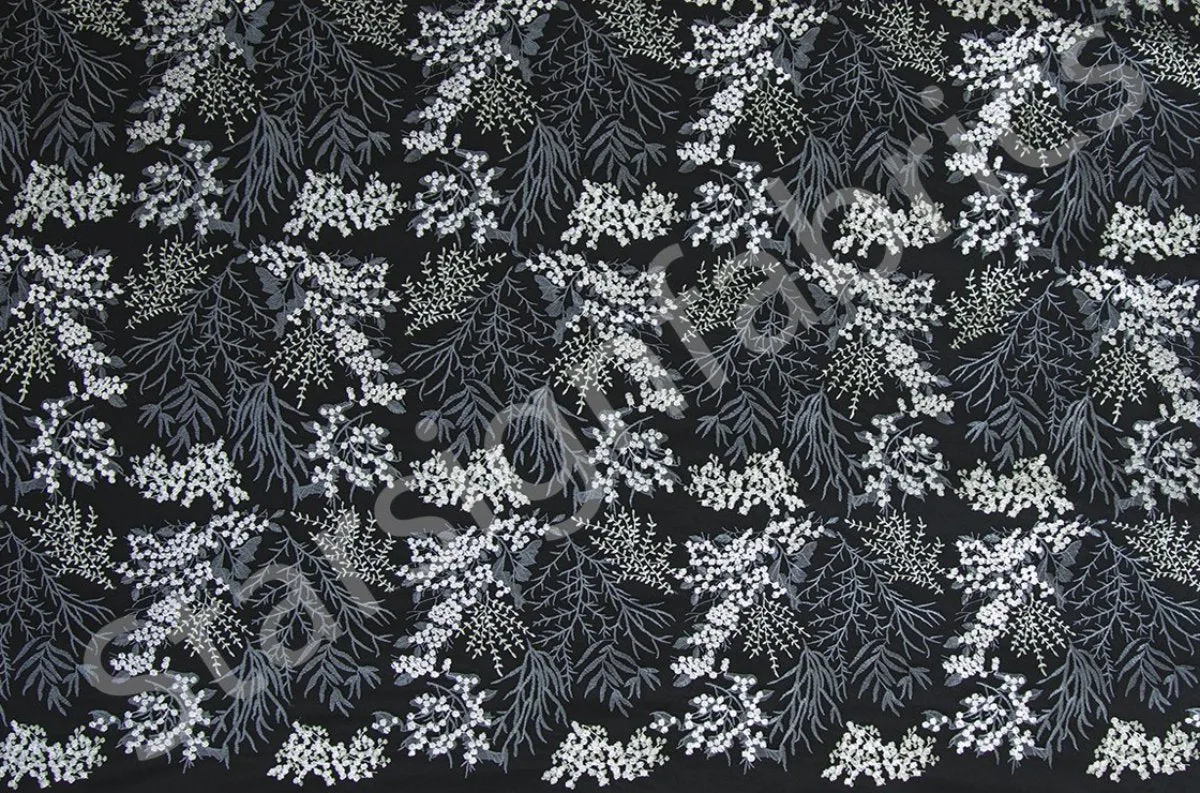 Black Rayon Thread Embroidery Fabric With Flower Pattern Queen Design