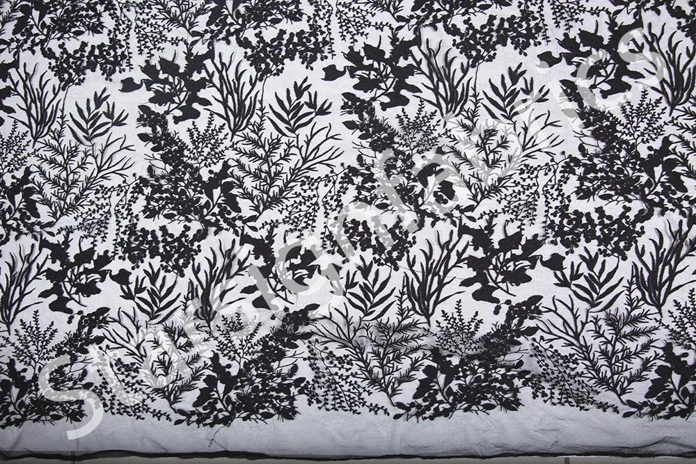 Black Rayon Thread Embroidery Fabric With Flower Pattern Queen Design