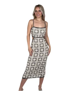 Black/White Off Shoulder Tile Print Midi Dress