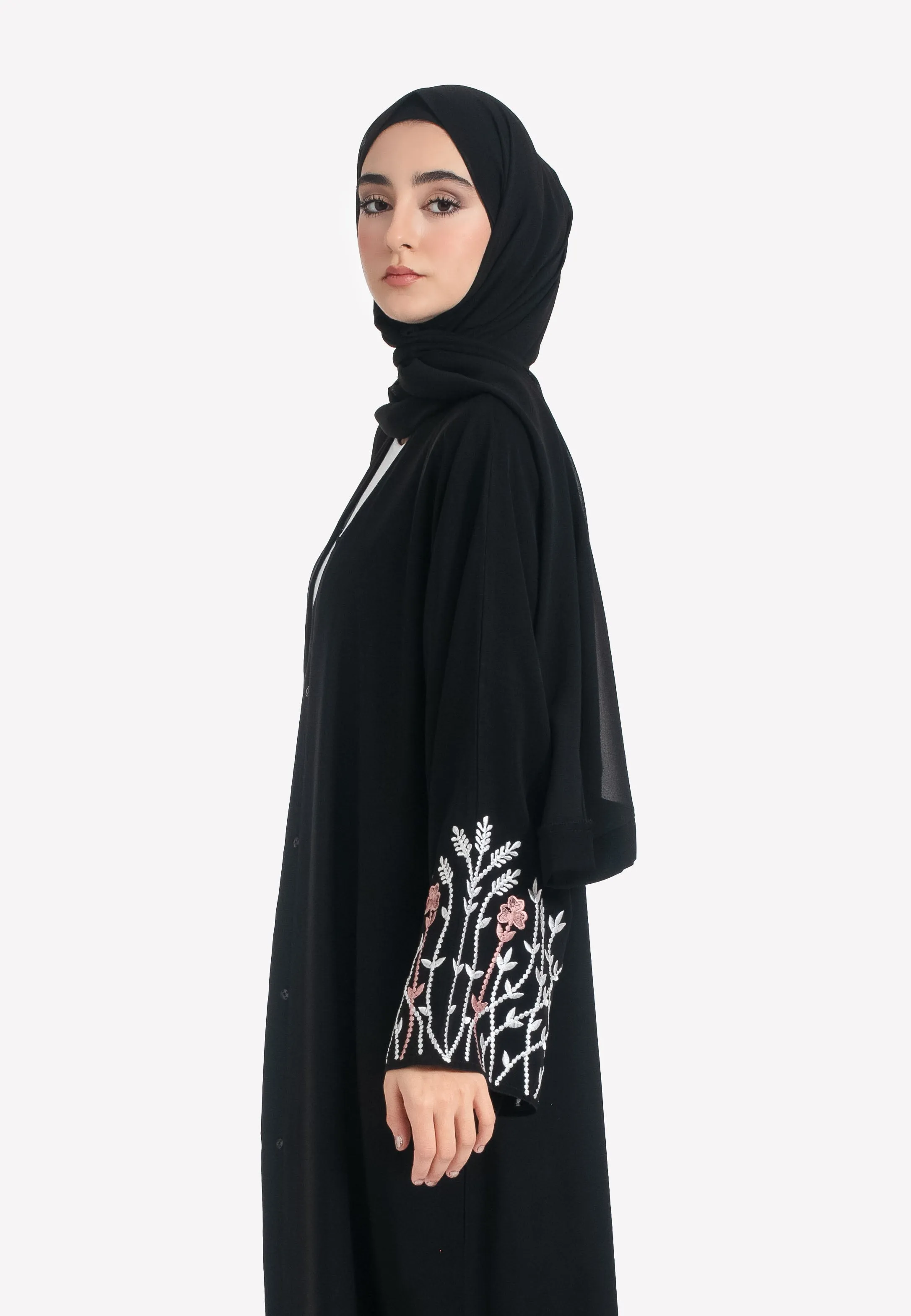 Blossom Embroidered Open Abaya - Black