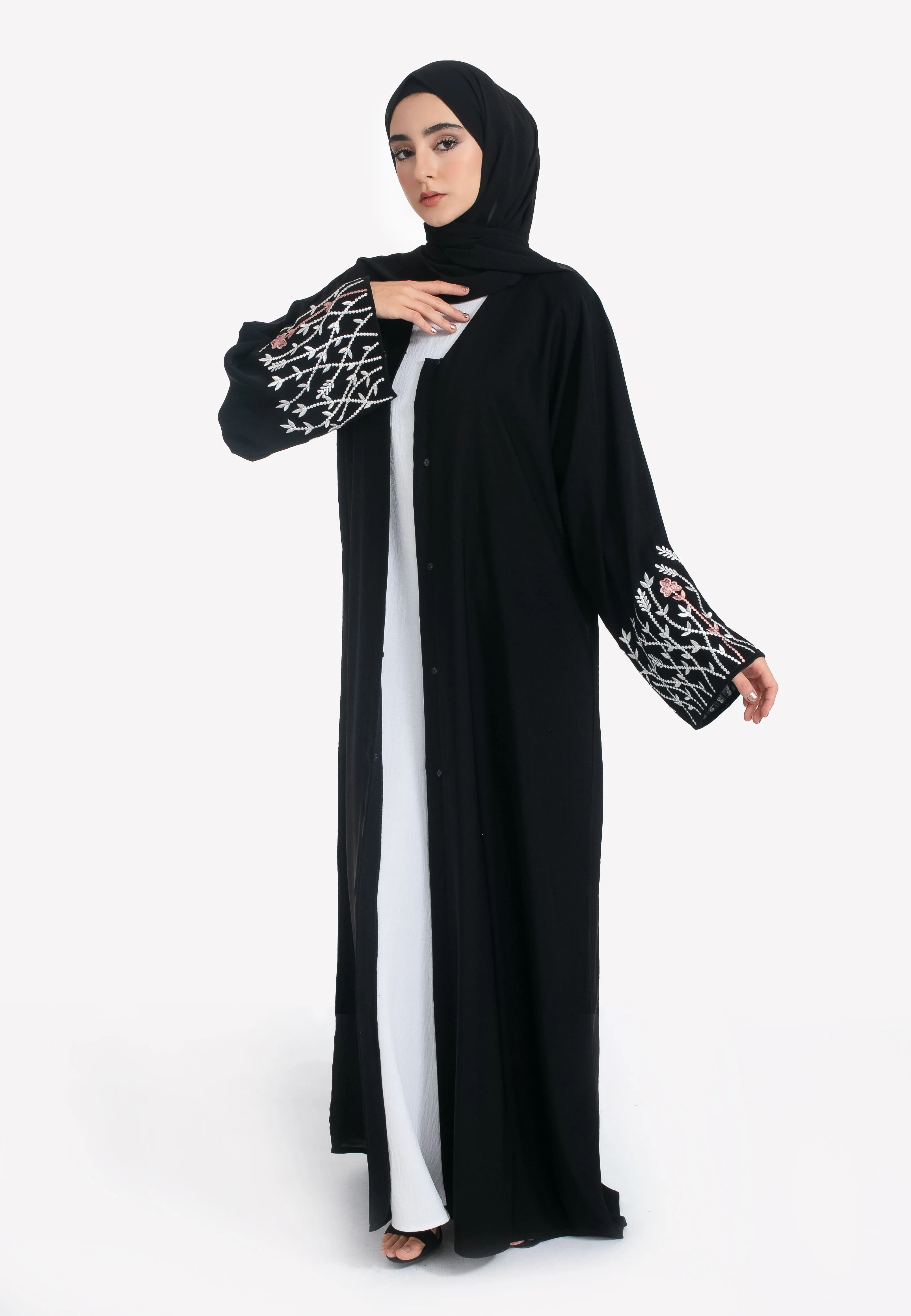 Blossom Embroidered Open Abaya - Black