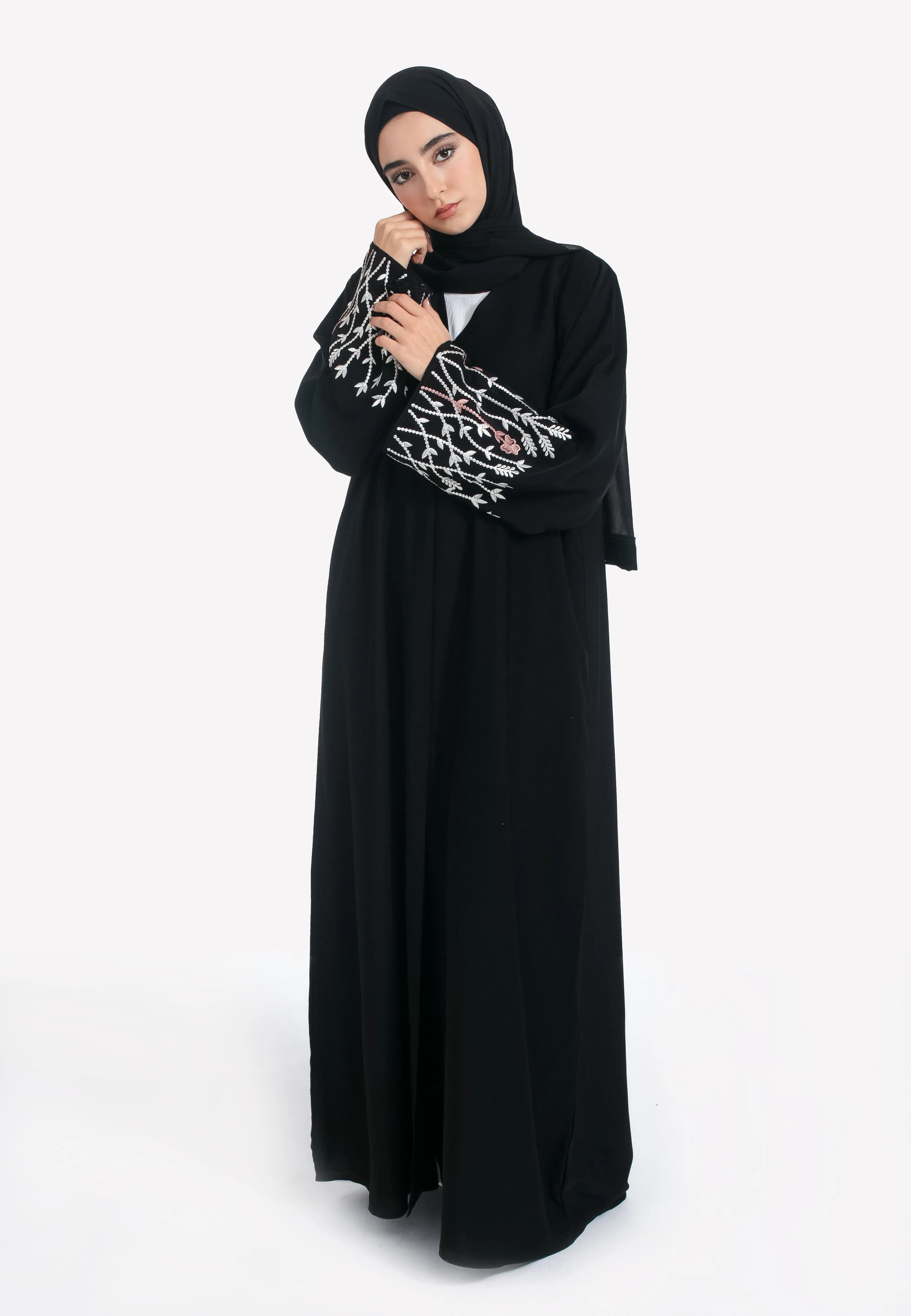 Blossom Embroidered Open Abaya - Black