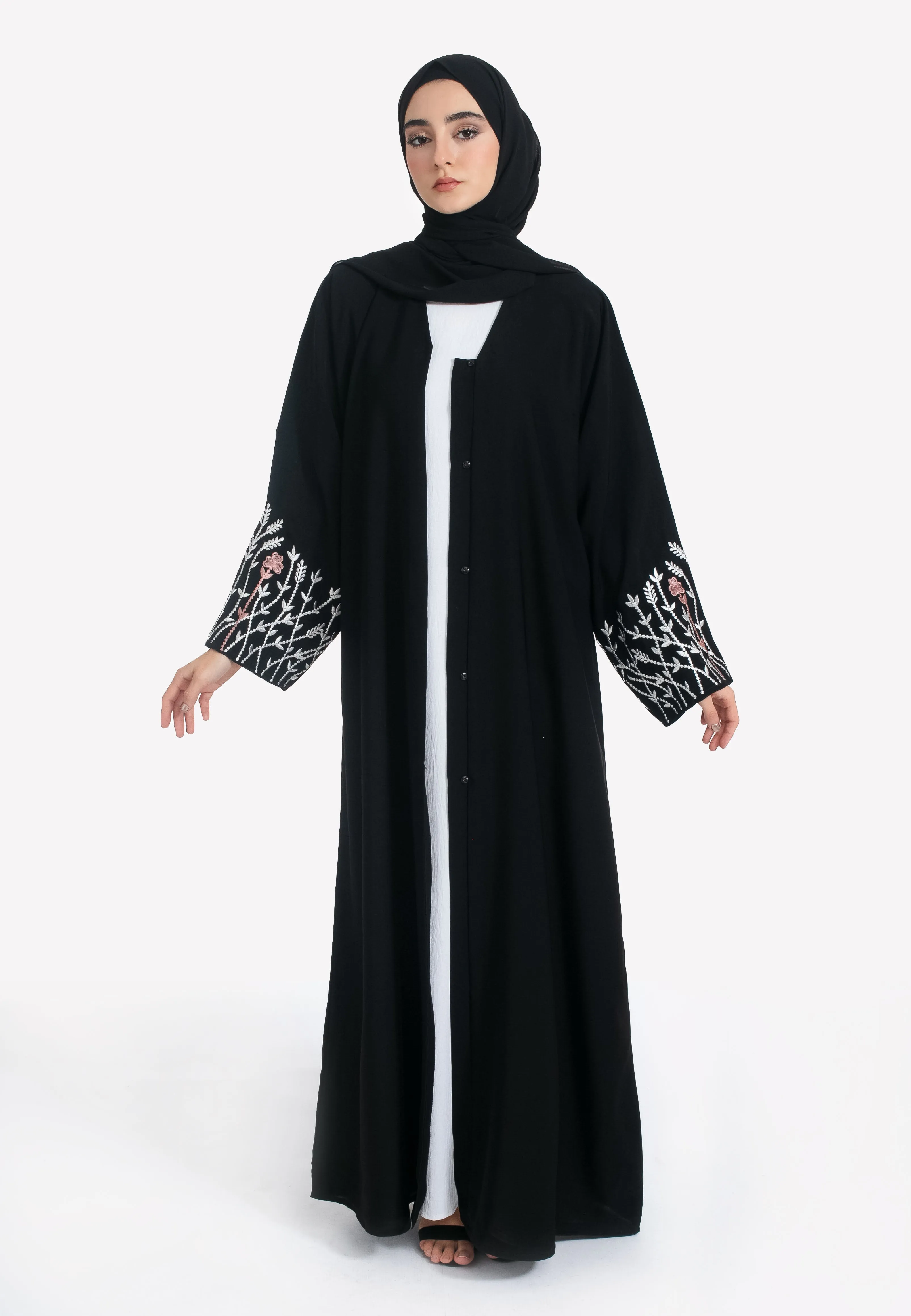 Blossom Embroidered Open Abaya - Black