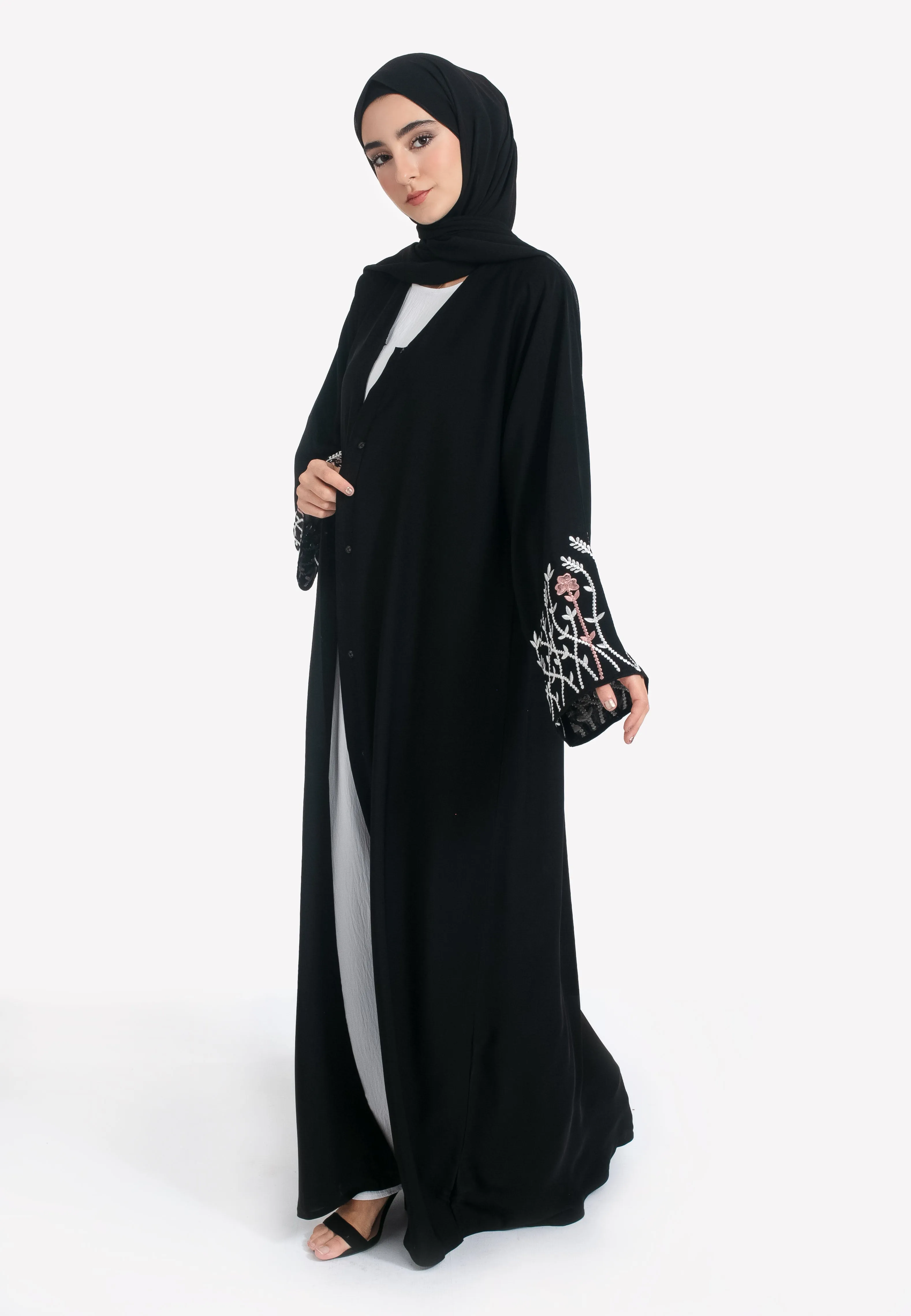 Blossom Embroidered Open Abaya - Black