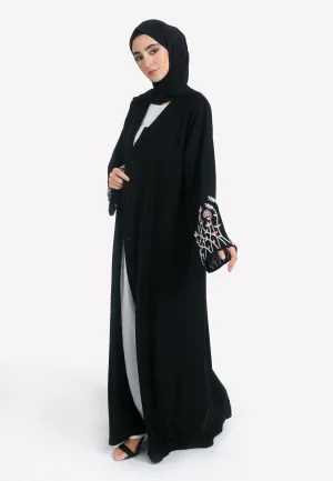 Blossom Embroidered Open Abaya - Black
