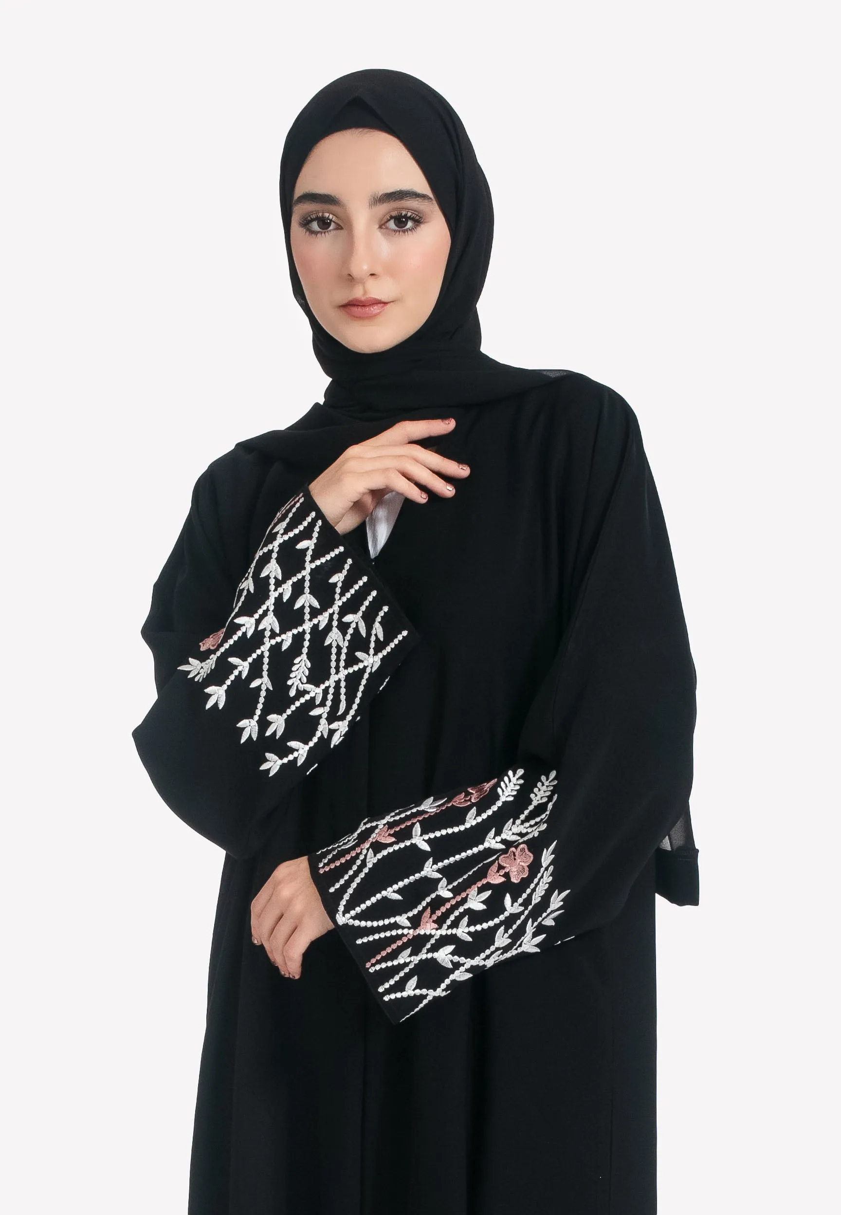Blossom Embroidered Open Abaya - Black