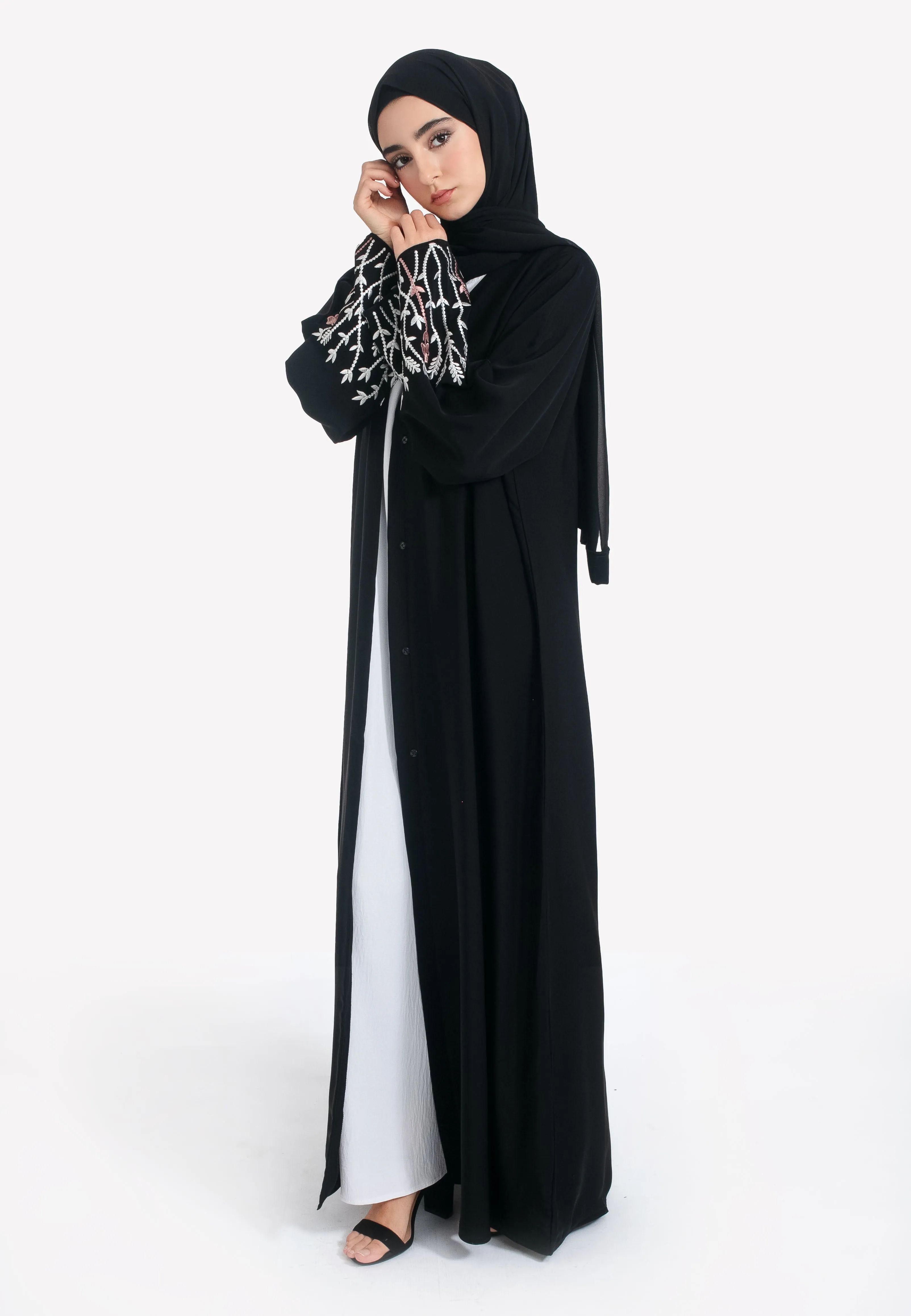 Blossom Embroidered Open Abaya - Black