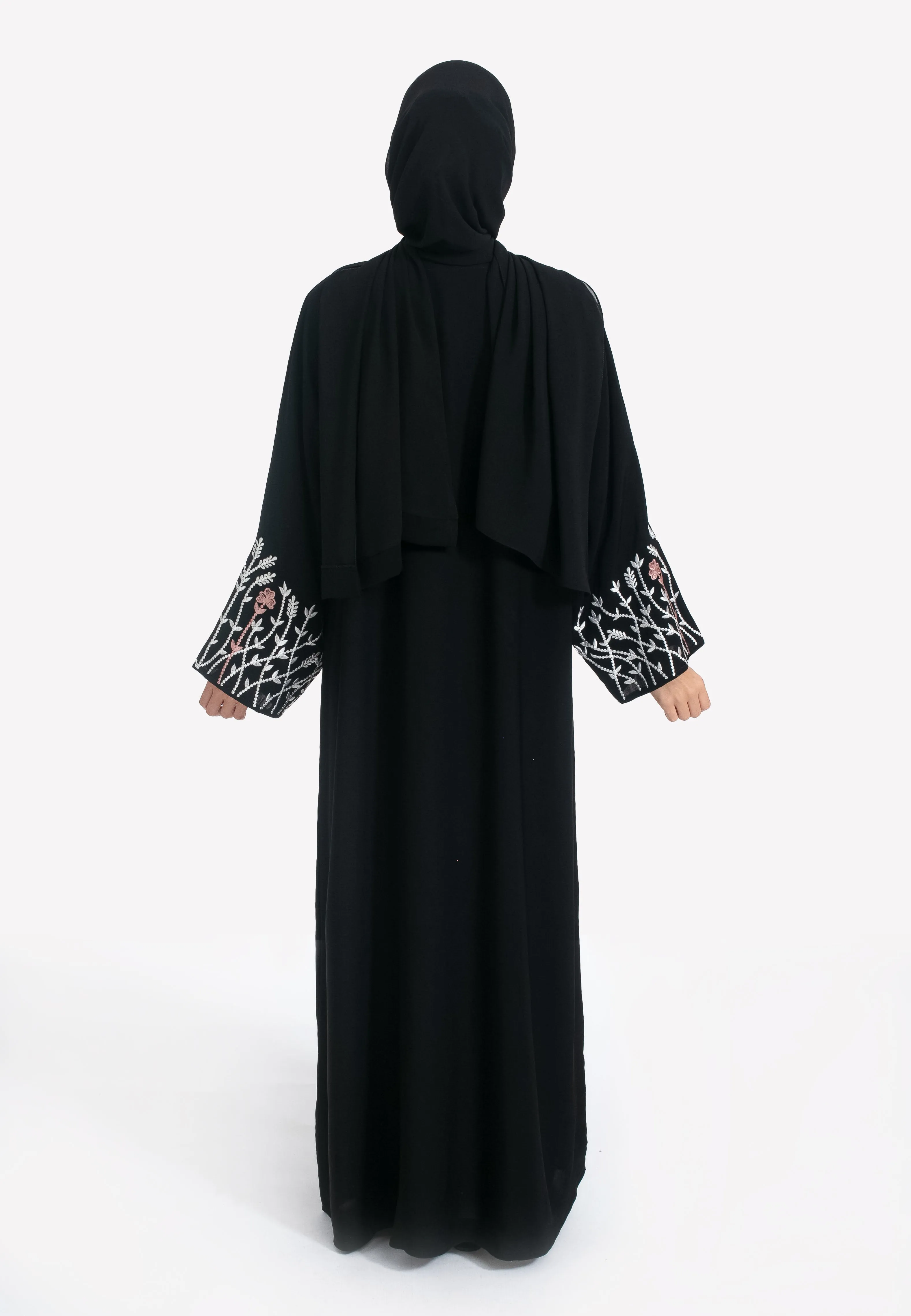 Blossom Embroidered Open Abaya - Black
