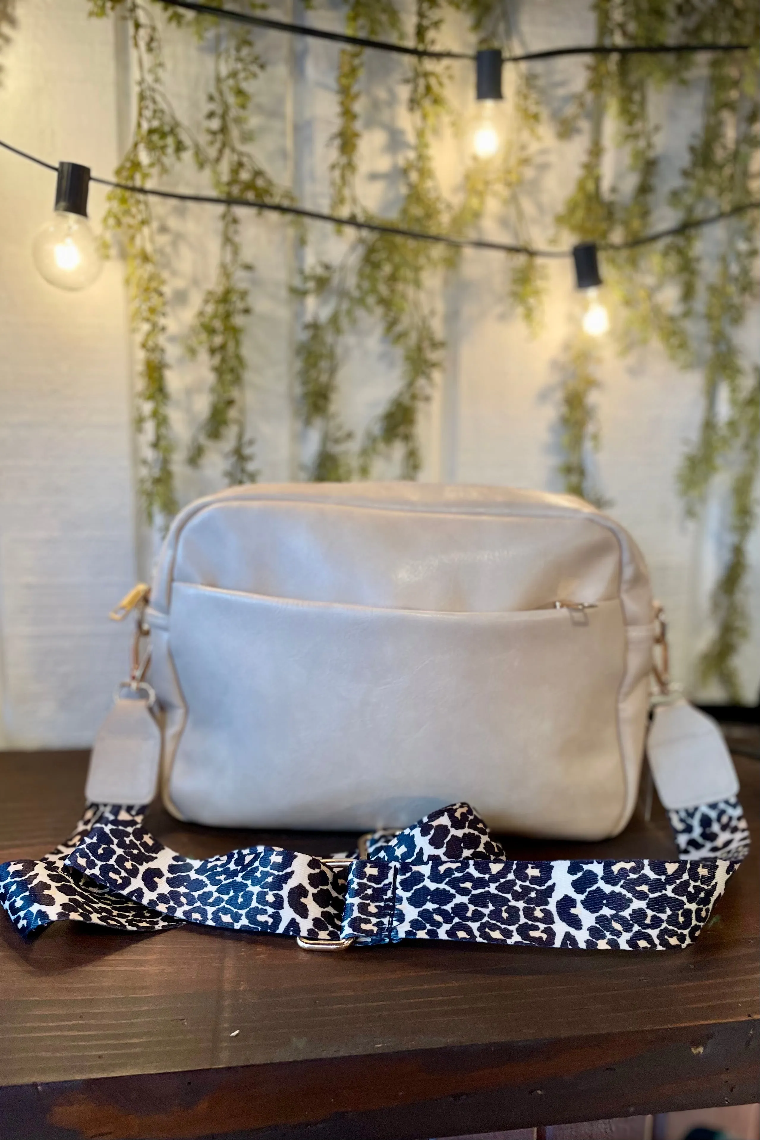 Brecklynn Crossbody Handbag with Leopard Guitar Strap- Cream