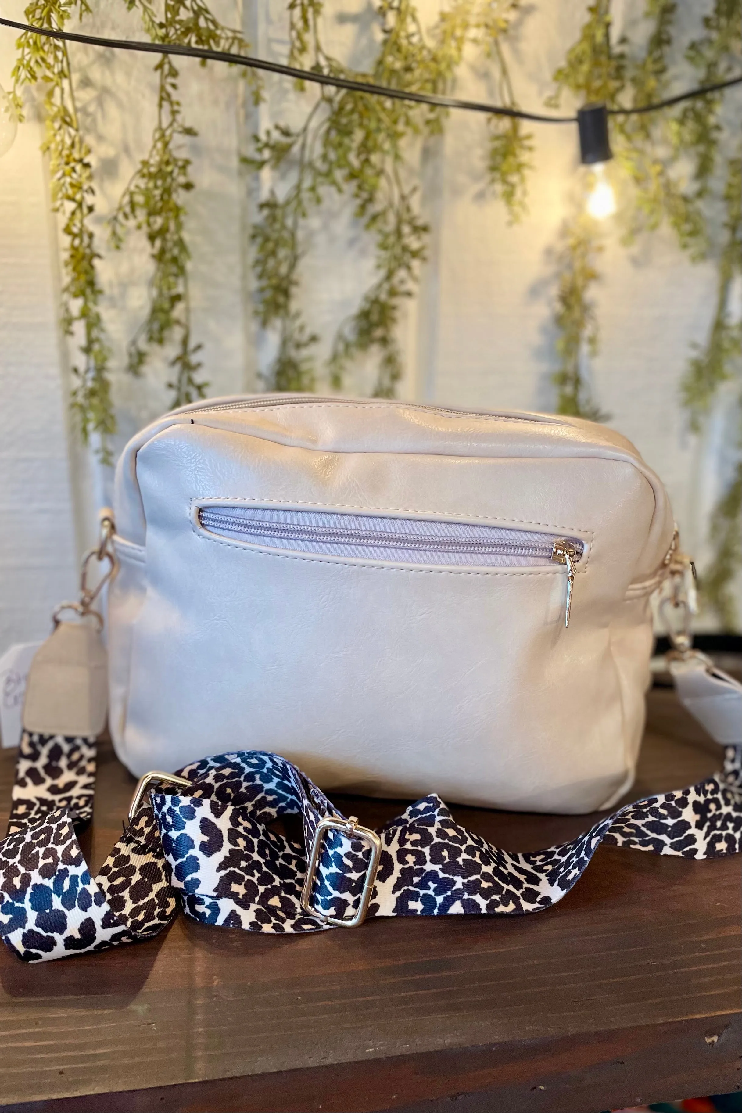Brecklynn Crossbody Handbag with Leopard Guitar Strap- Cream