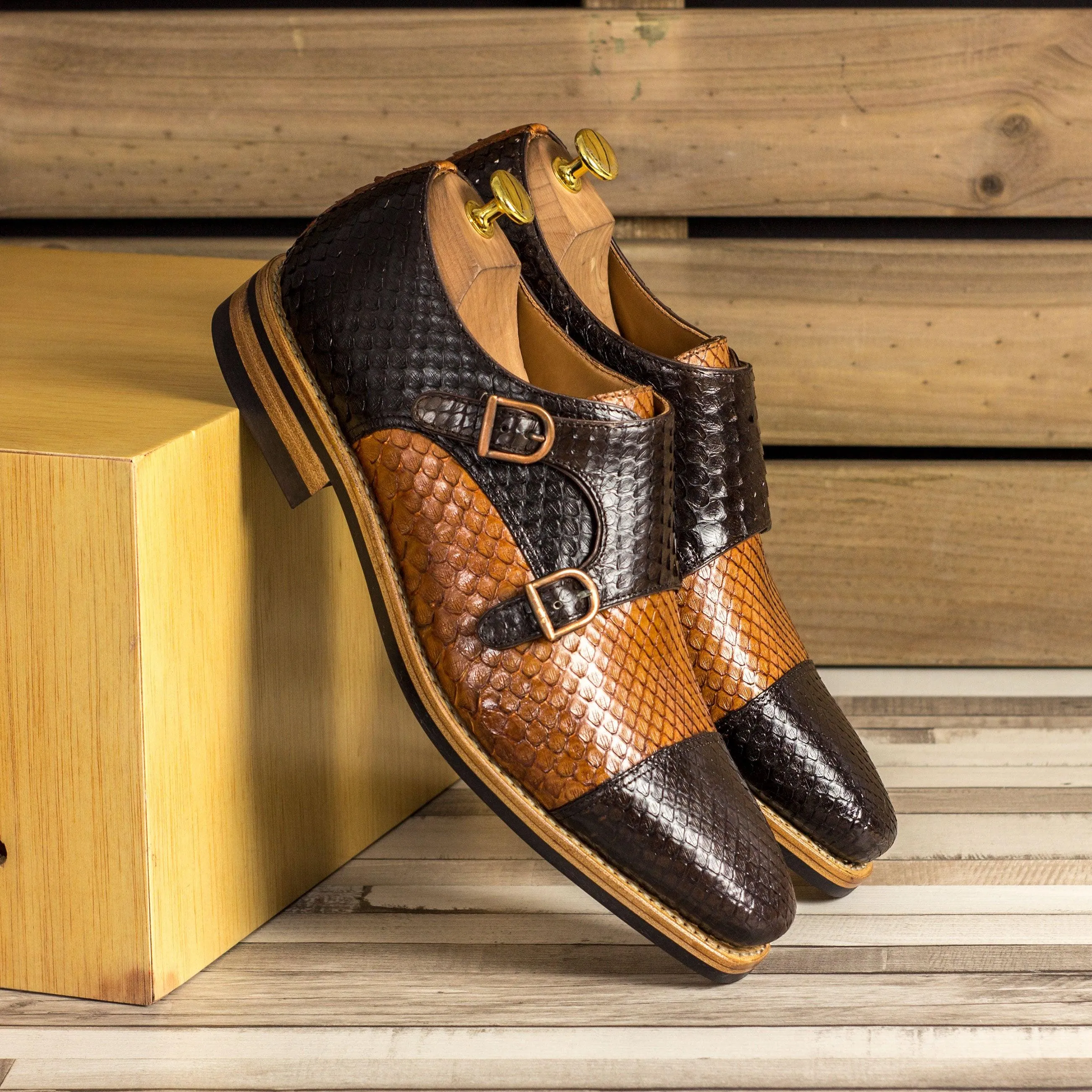 Brown & Cognac Python Double Monk