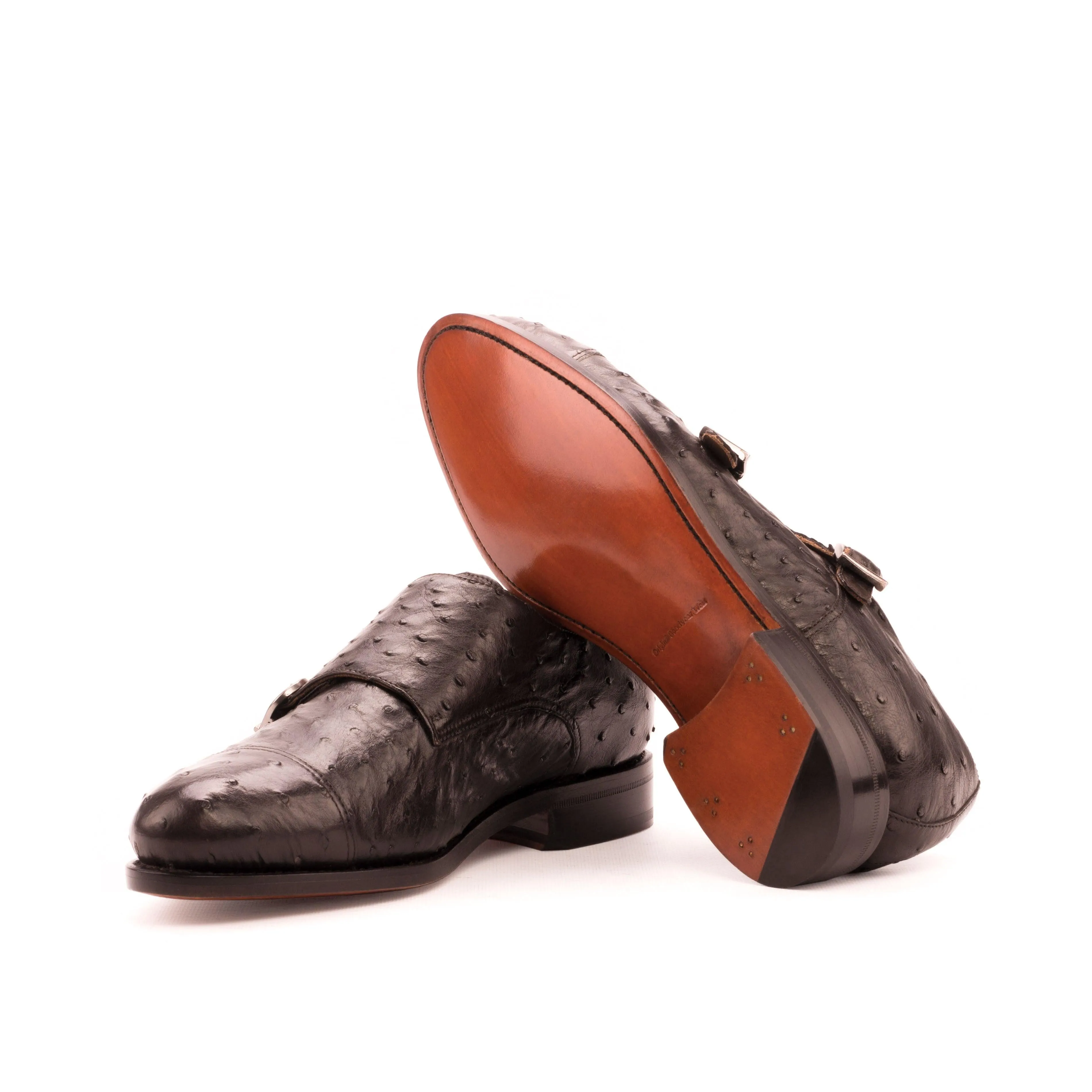 Brown Ostrich Double Monk Shoes