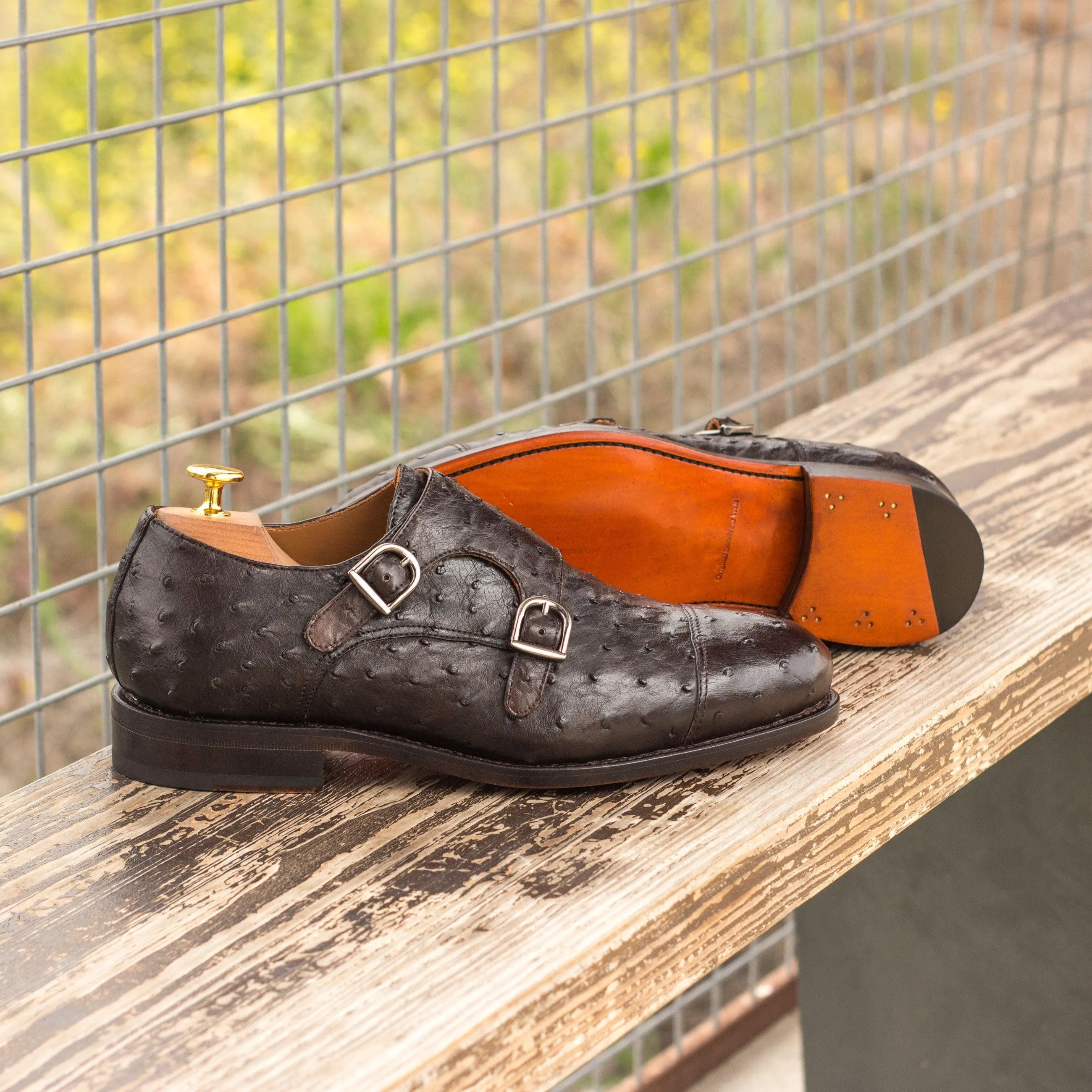 Brown Ostrich Double Monk Shoes