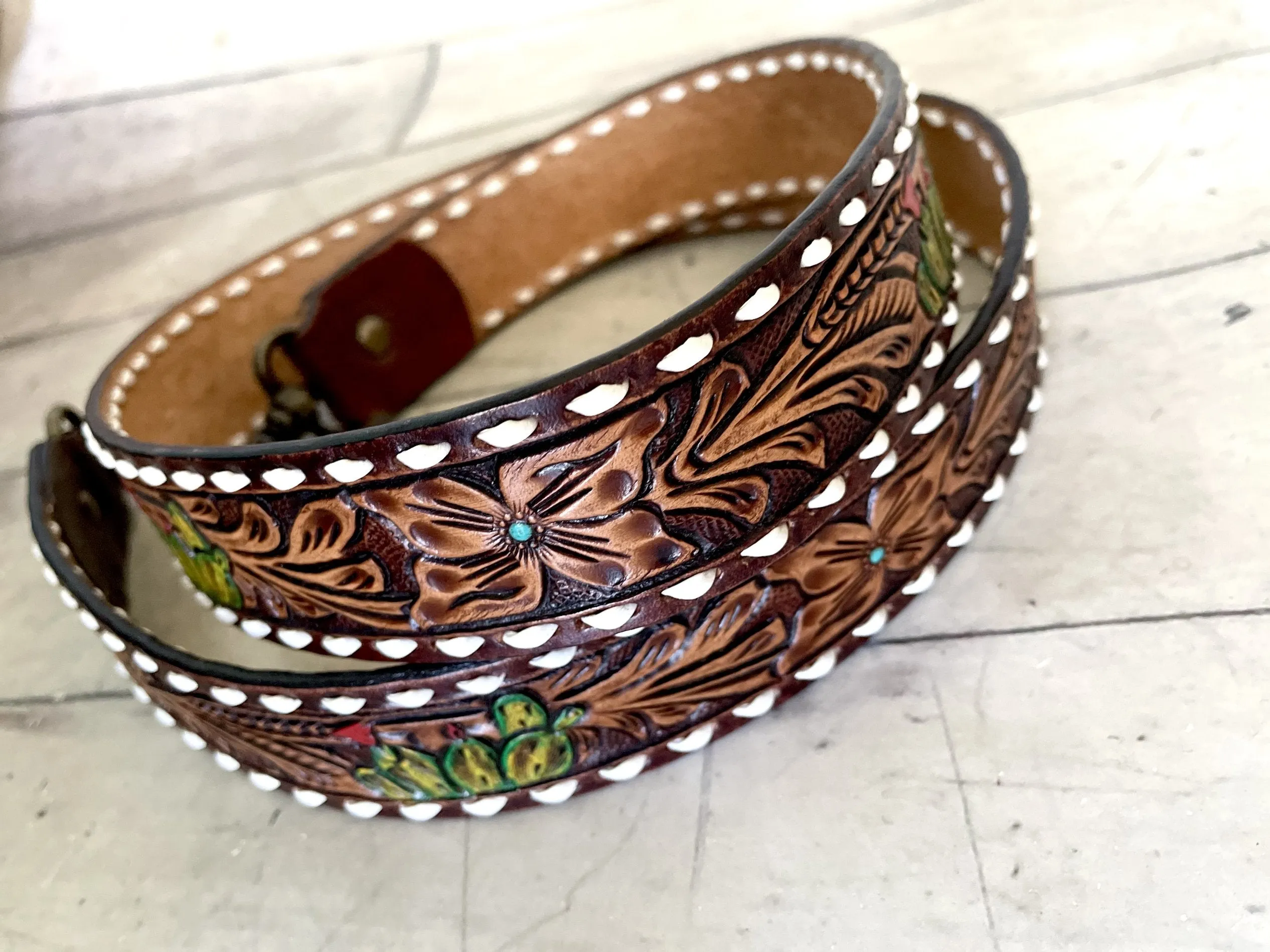 Cactus Tooled White Buckstitch Handbag Strap