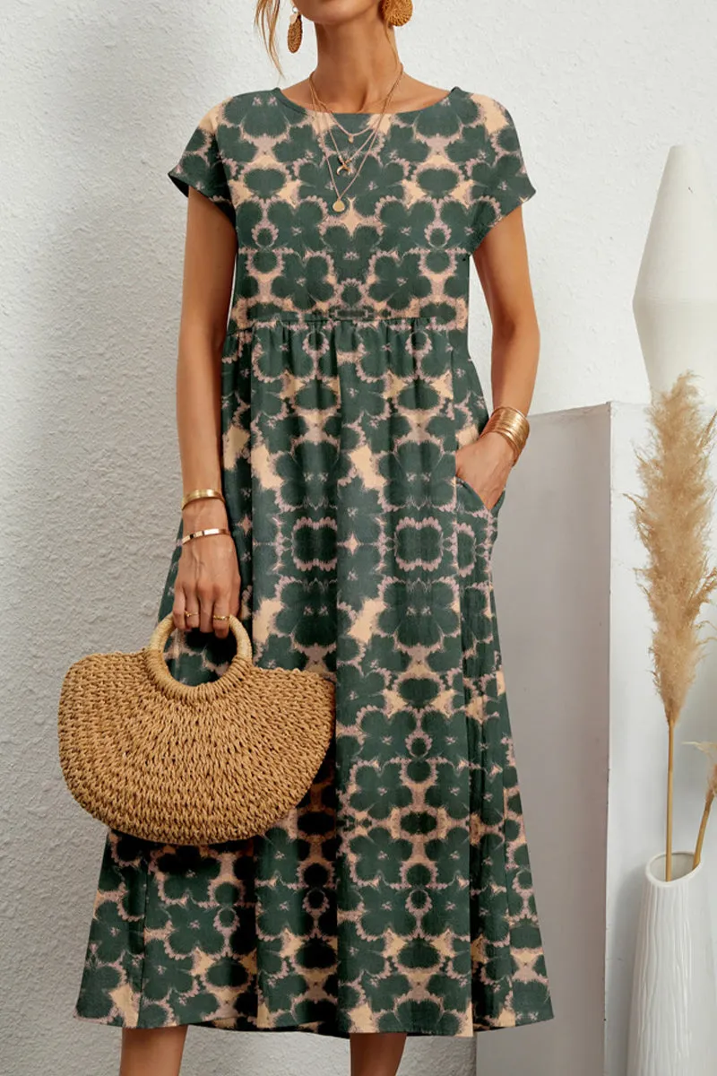 Casual Floral Pocket O Neck Printed Dress Dresses