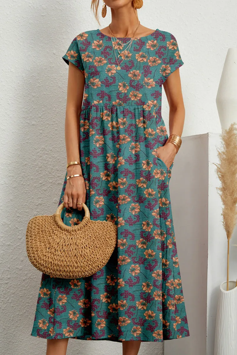 Casual Floral Pocket O Neck Printed Dress Dresses